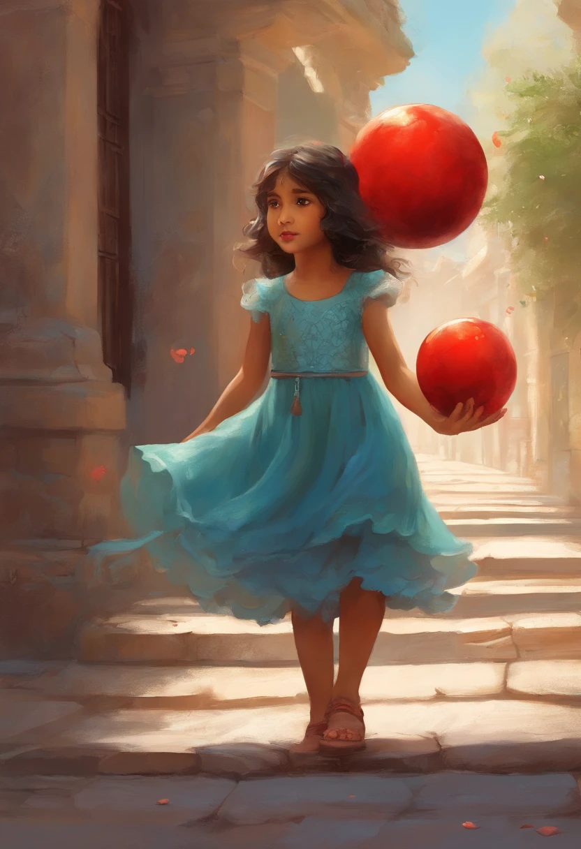  latina girl, playing with a small red ball, on the sidewalk, blue dress with white dots