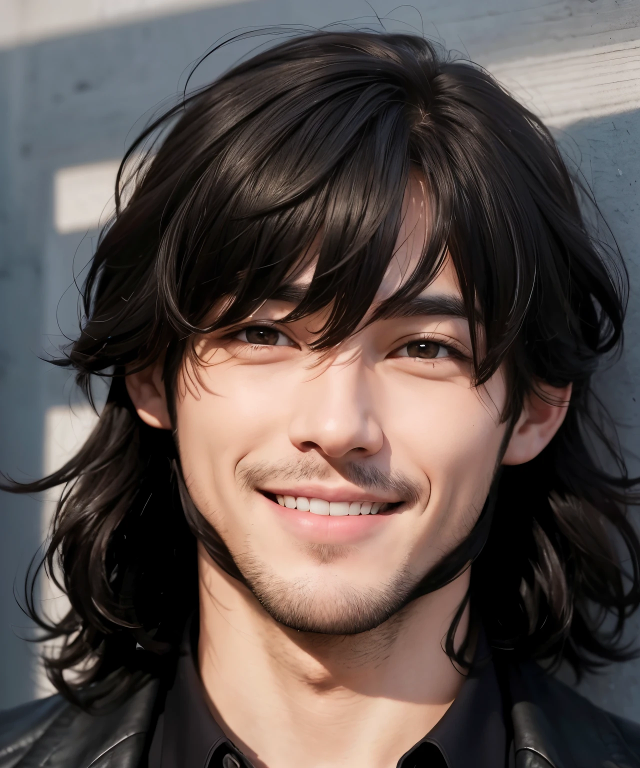 A man with realistic short black hair, the same realistic hairstyle, realistic handsome face, realistic smiling expression, adapt the same realistic clothes,Realistic light, realistic shadows, realistic background, very good image results, 4k, ultra detailed, realistic