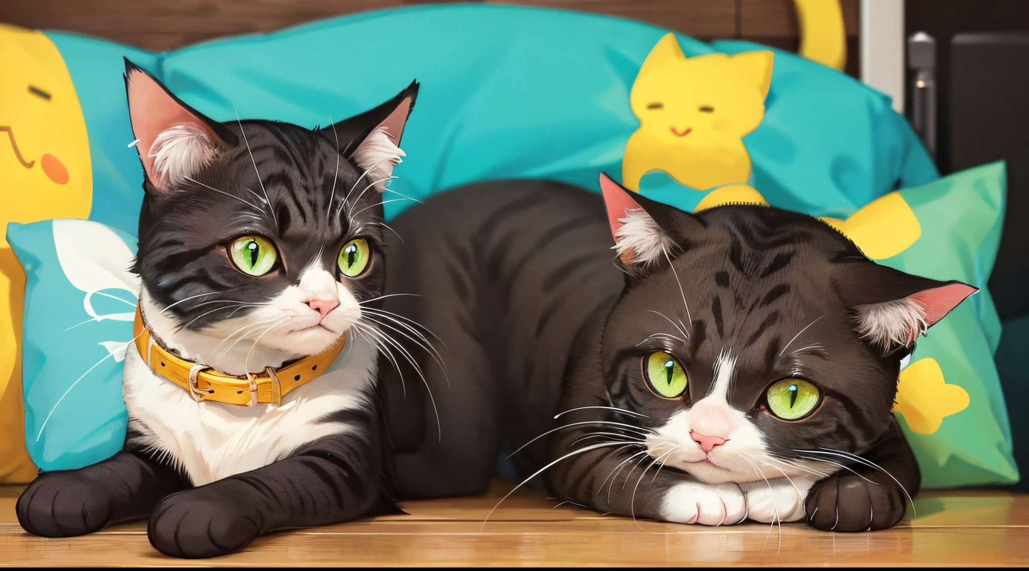 A kitten is lying on a yellow sofa，mobile phone in hand, A design style with creative features,illustration,Avatar bonito,Bold lines and solid colors,Minimalista