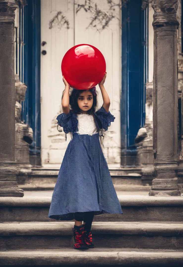 latina girl, playing with a small red ball, on the sidewalk, blue dress with white dots
