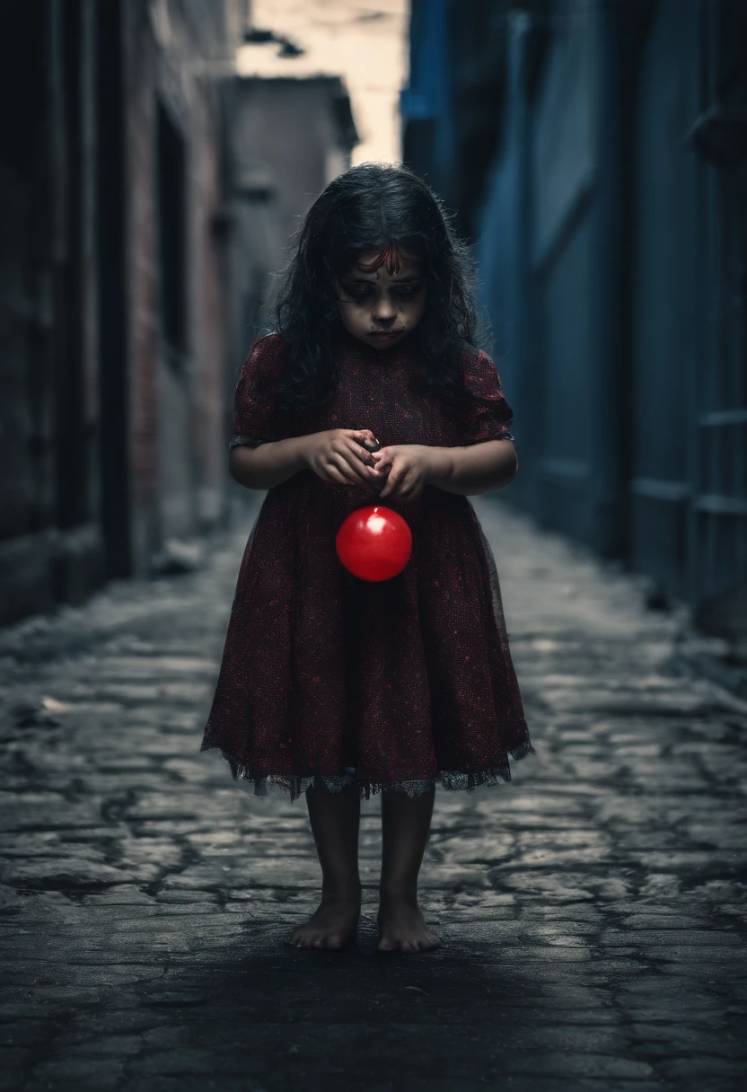  latina girl, playing with a small red ball, on the sidewalk, blue dress with white dots