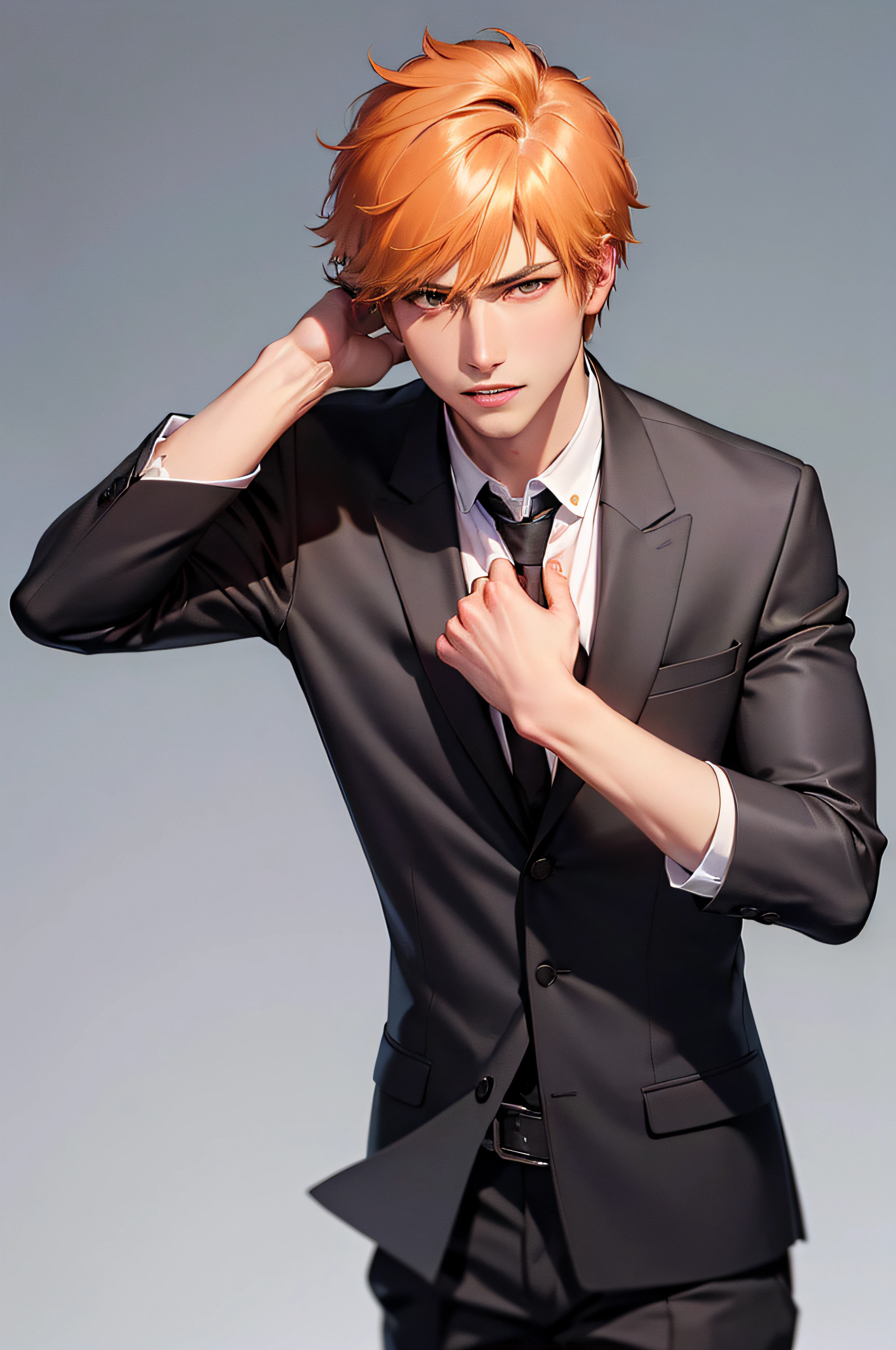 black winter male overcoat black clothing,(masterpiece, best quality:1.2), cowboy shot, solo, male focus, 1boy, kurosaki ichigo, slight smile, looking at viewer, short orange hair, brown eyes,dark formal suit, black formal outfit, black coat, walking straight,(photorealistic:1.4), (masterpiece, sidelighting, finely detailed beautiful eyes: 1.2),black leather gloves, blinfolded,