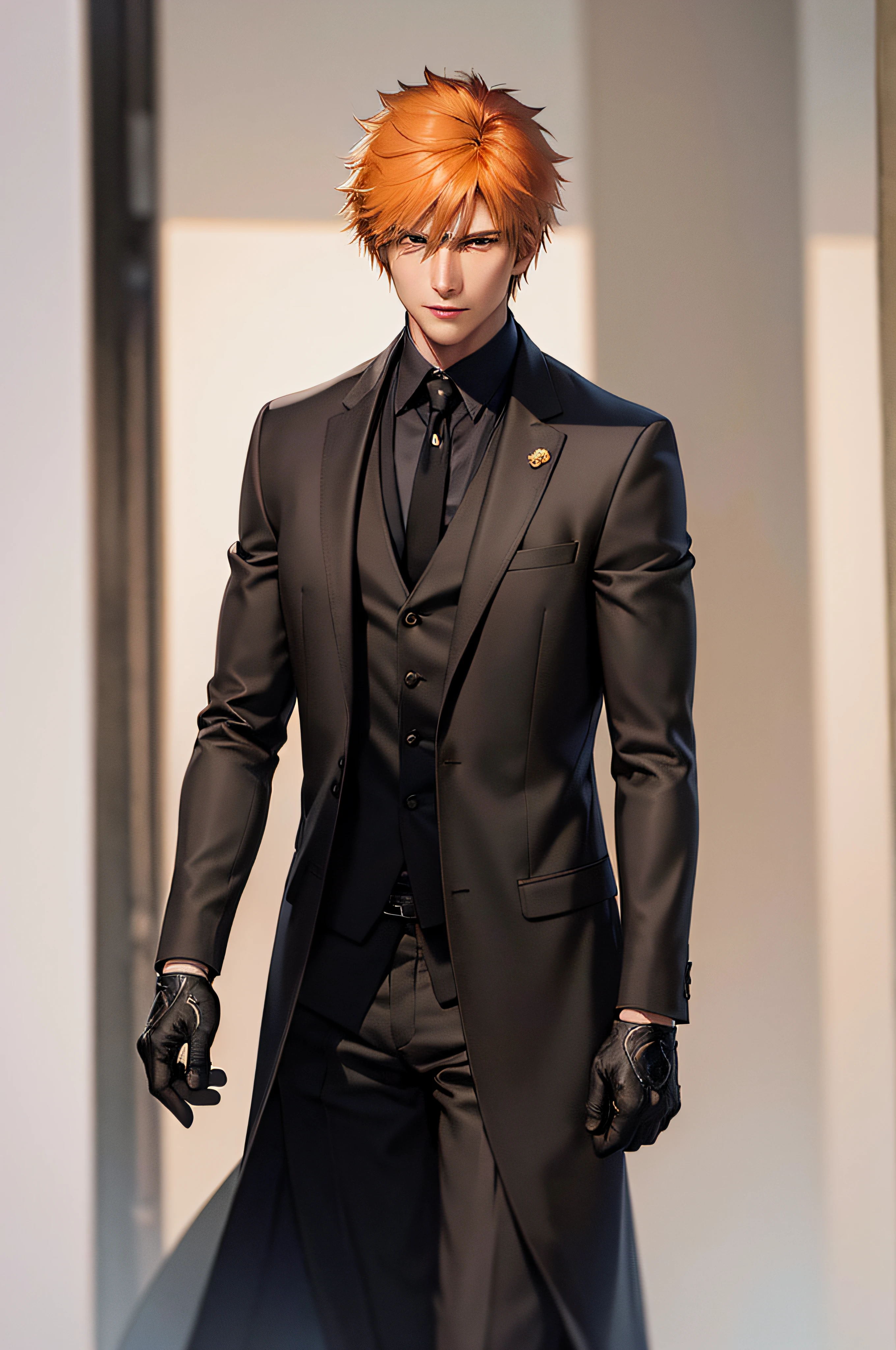 black winter male overcoat black clothing,(masterpiece, best quality:1.2), cowboy shot, solo, male focus, 1boy, kurosaki ichigo, slight smile, looking at viewer, short orange hair, brown eyes,dark formal suit, black formal outfit, black coat, walking straight,(photorealistic:1.4), (masterpiece, sidelighting, finely detailed beautiful eyes: 1.2),black leather gloves, blinfolded,