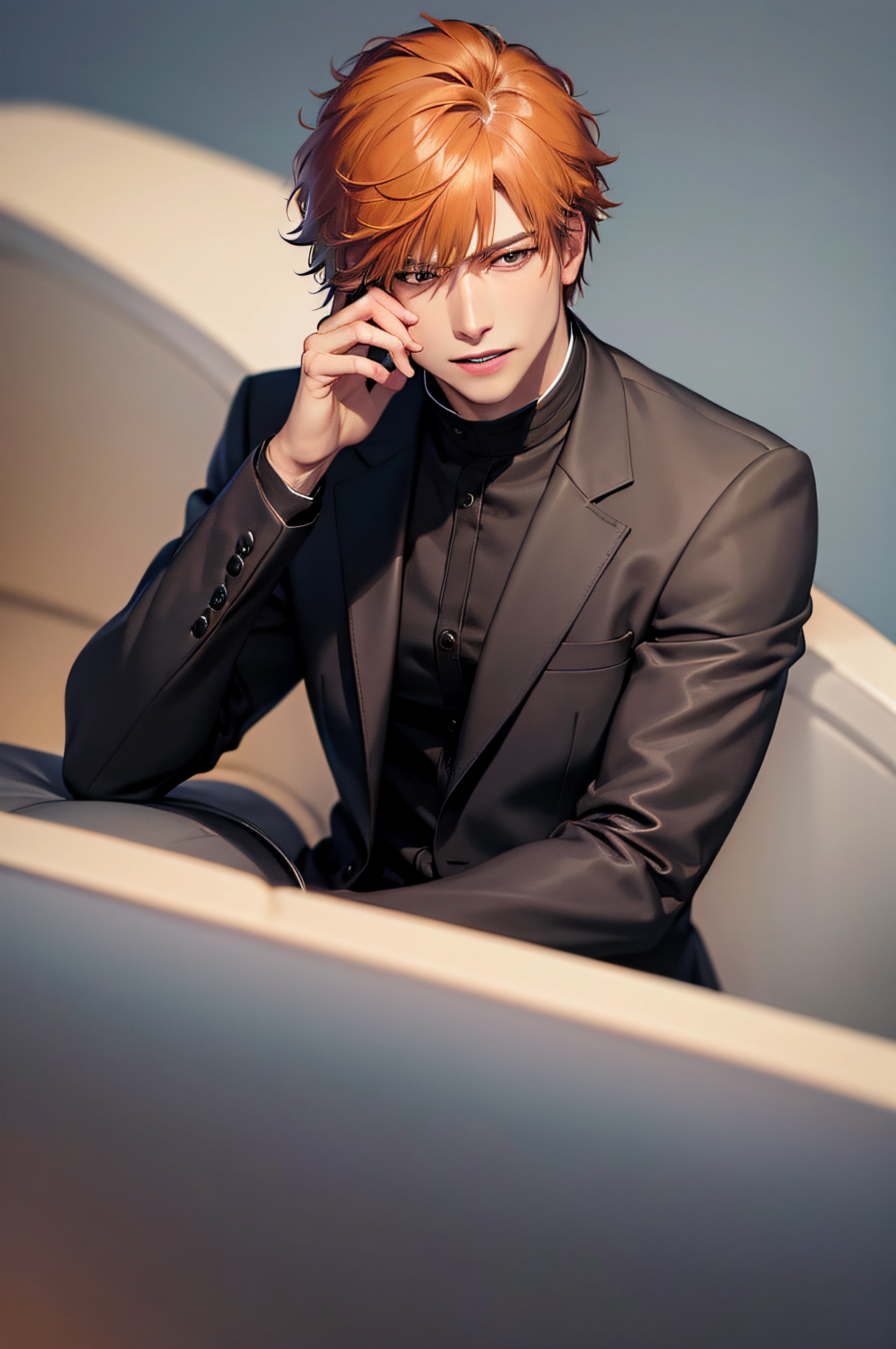 black winter male overcoat black clothing,(masterpiece, best quality:1.2), solo, male focus, 1boy, kurosaki ichigo, slight smile, looking at viewer, short orange hair, brown eyes,dark formal suit, black formal outfit, black coat, walking straight,(photorealistic:1.4), (masterpiece, sidelighting, finely detailed beautiful eyes: 1.2),black leather gloves, blinfolded,sitting in car, backseat.