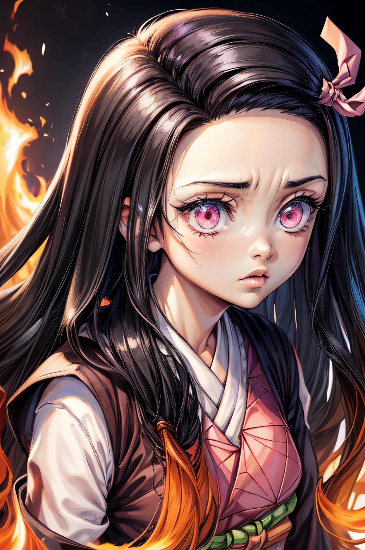 (Ultra Real), (Illustration), (High Resolution), (8K), (Very Detailed), (Best Illustration), (Beautiful Detailed Eyes), (Best Quality), (Ultra Detailed), (Masterpiece), (Wallpaper), (Detailed Face), Night Up Upper Body, ,Long Hair,Solo,Simple Kimono Top Girl, Sweaty, Japan Person, Big Tits, (fire) Nezuko Kamado, Red Eyes, (Nezuko kamado na her demonic form showing her giant, hairy , based on the Demon Slayer kimetsu no yaiba), whole body, (Beautiful Detailed Eyes)