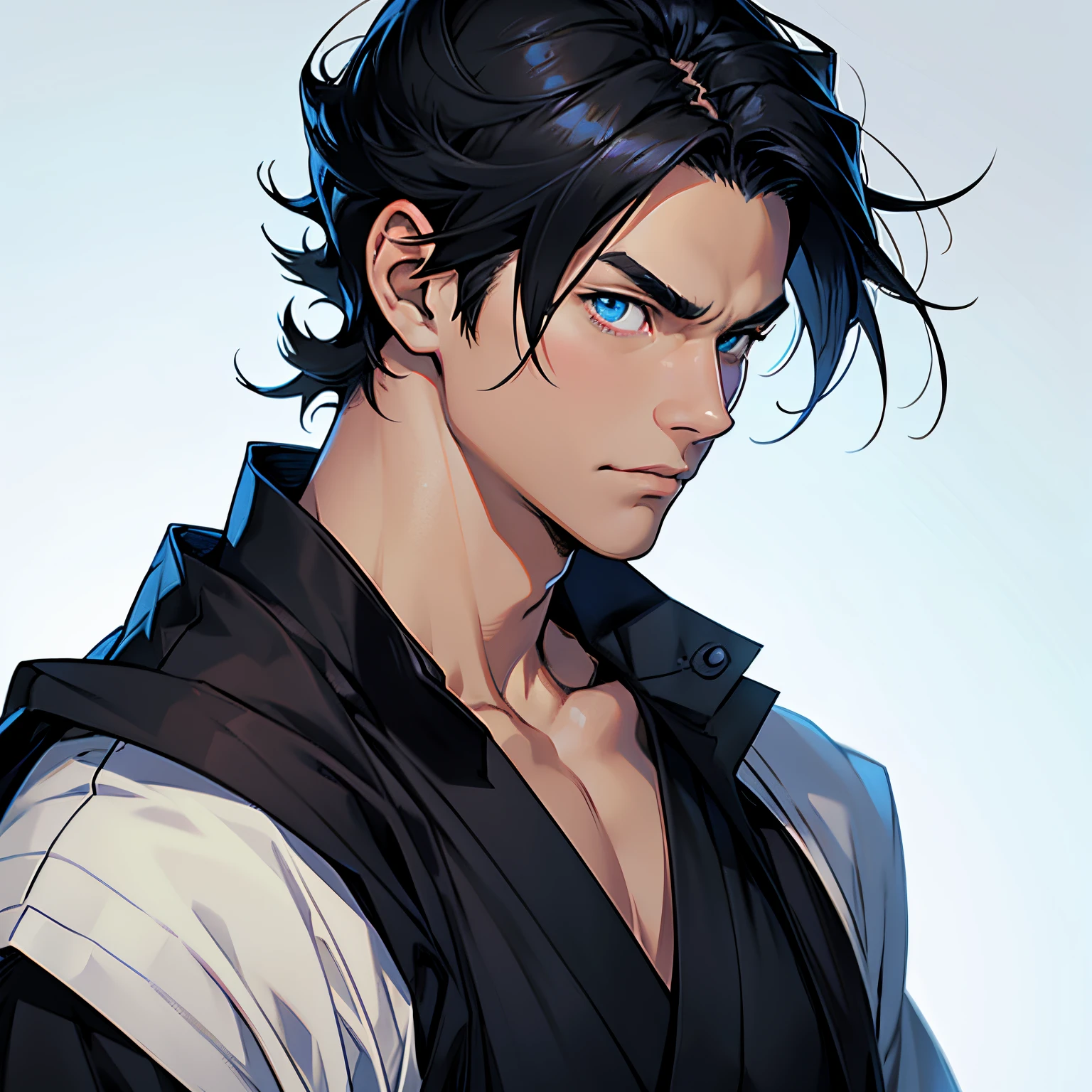 anime image of an adult man with black hair and blue eyes, short hair, 1man, solo man, male anime character, head shot, close up shot, simple background, ninja clothing, japanese clothing, dark clothing