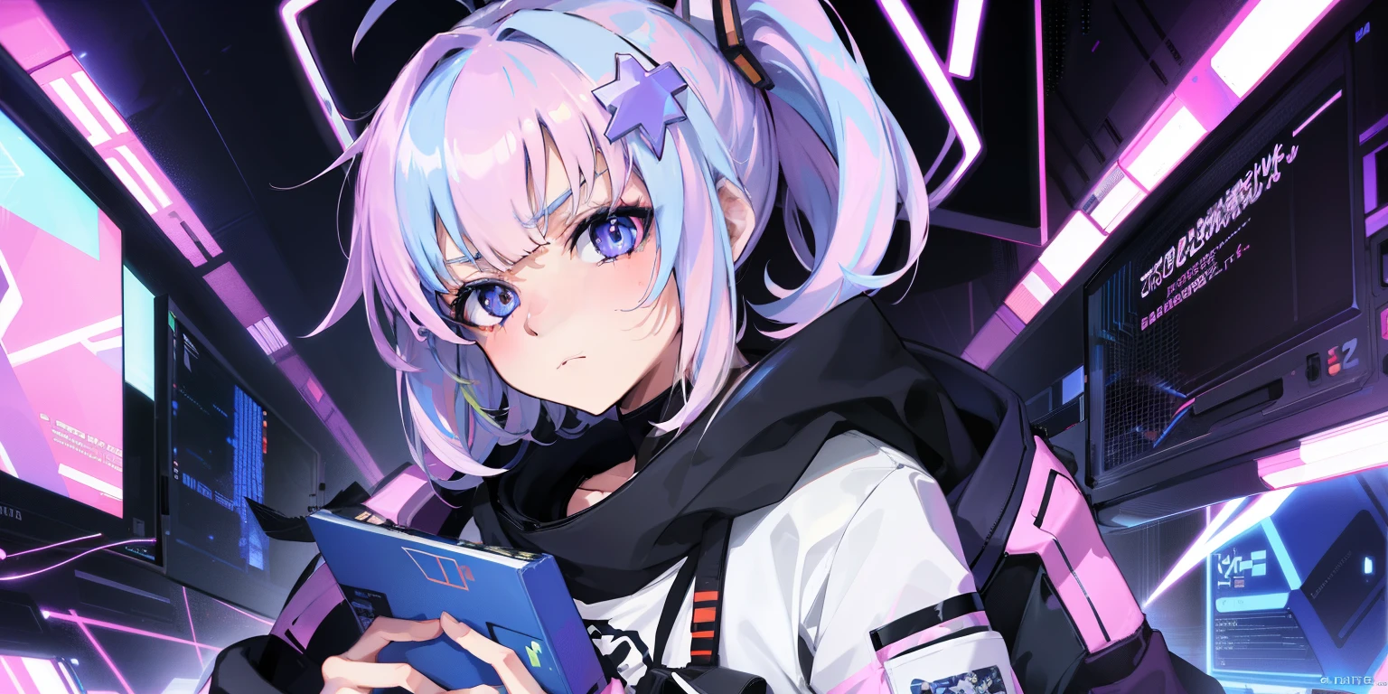 close-up of a man in a sweatshirt holding a box, Cyber aesthetics, Glitch effects above the eyes, Super glitchy, anime vibes, e - girl, e-girl, Anime Mecha Aesthetics, eye glitch, Ethereal & Mecha Theme, noisy and buggy, Anime style. 8K, in style of cytus and deemo