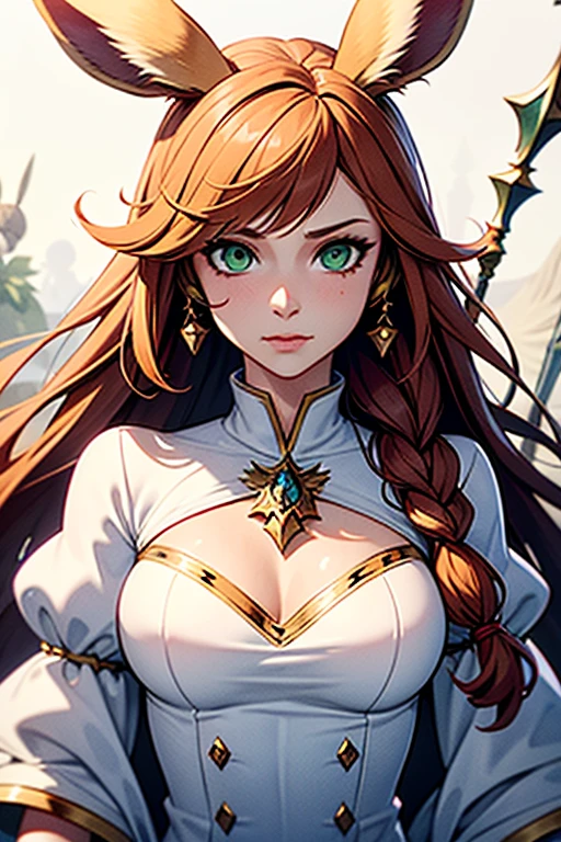 1girl, Viera Final Fantasy 14, White Mage job, White mage dress , Ginger Hair, Green eyes, Braided Hairr, Pale , No Ears; Portrait, In battle, Casting Spell,