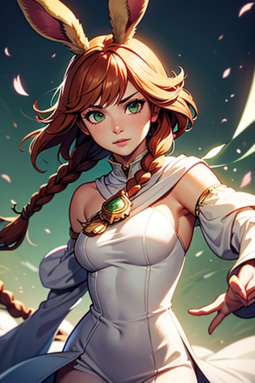 1girl, Viera Final Fantasy 14, White Mage job, White mage dress , Ginger Hair, Green eyes, Braided Hairr, Pale , No Ears; Portrait, In battle, Casting Spell,