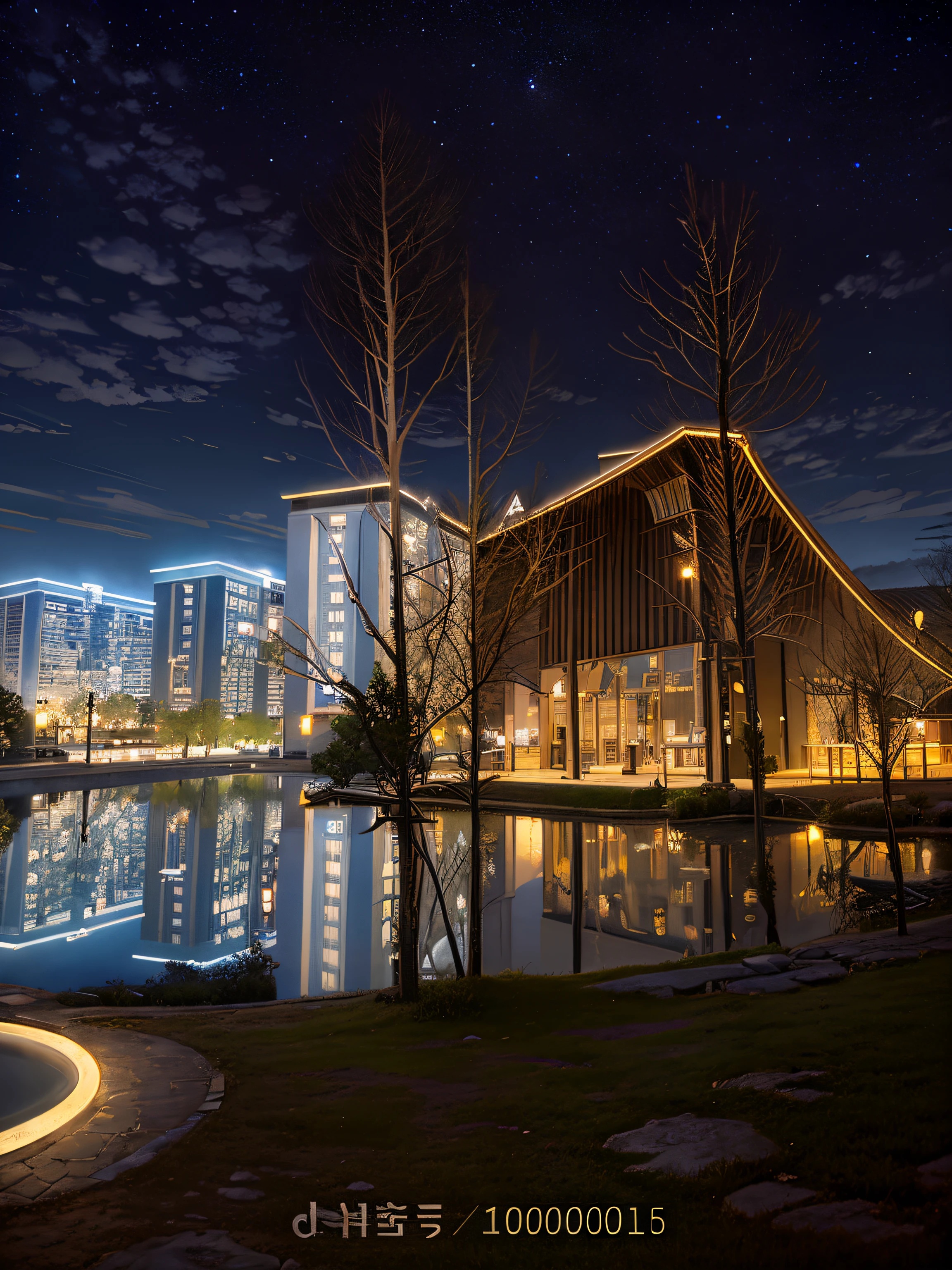 nighttime scene：a building with illuminated facade and pond, Shot with Sony alpha 9, Shot with Sony A7R camera, Photos taken at night, Shot using sigma 2 0 mm f 1. 4, glowing lights at night, Shoot at night, 2 4 mm ISO 8 0 0, nighttime scene, LED light reflection, Well-lit building