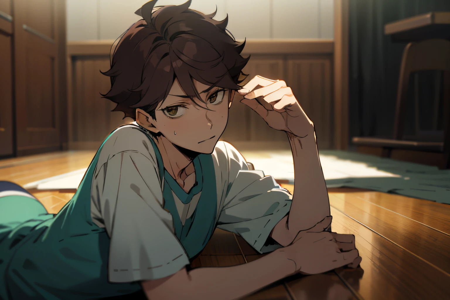 oikawa tooru,lying on floor,looking at viewer,1 man,solo focus,cinematic lighting, sultry expression, detailed shading,masterpiece