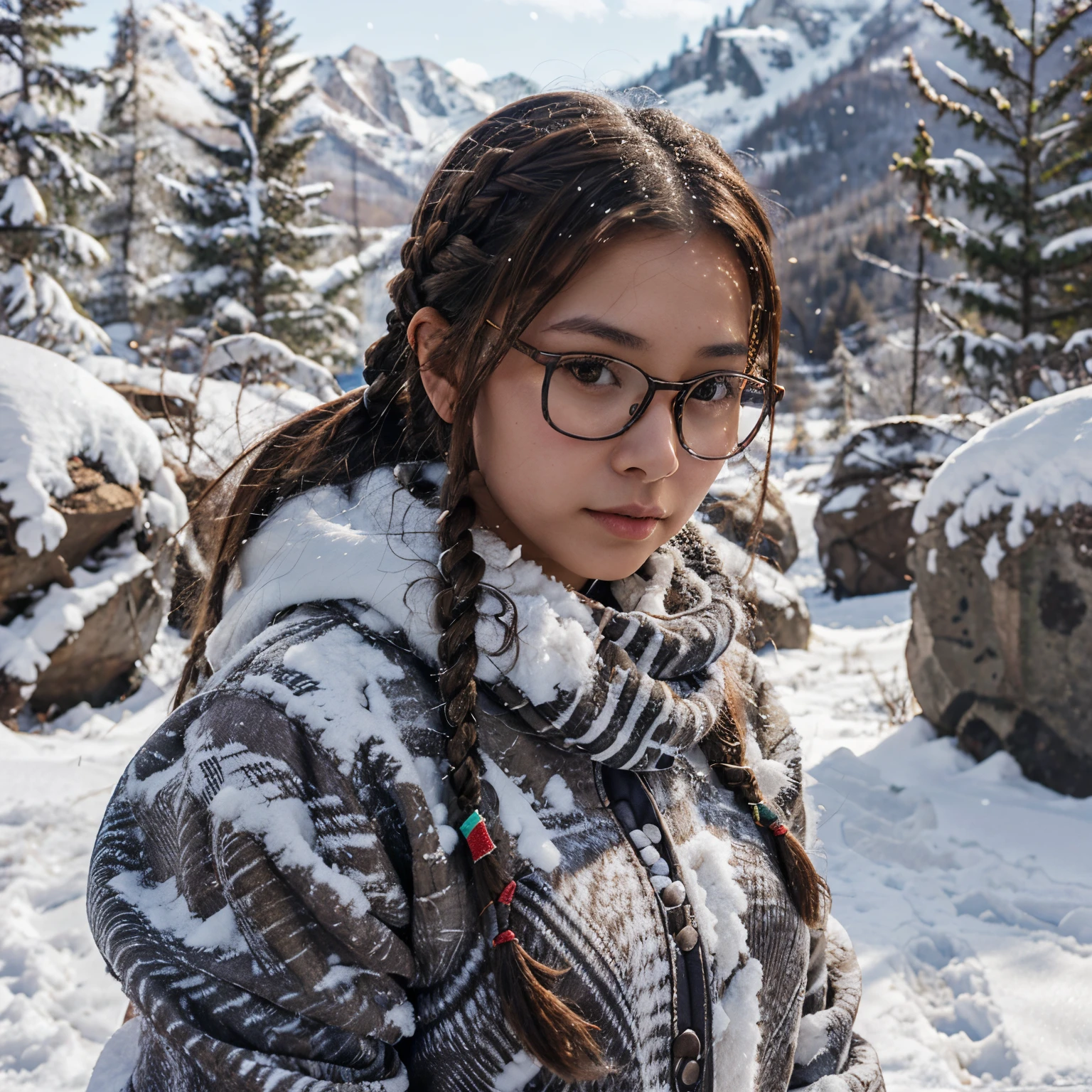 Young girl, braided hair, brown hair, with glasses, 4k, michelle chang, in a mountain, winter, snow mountain, winter trees behind, 4k