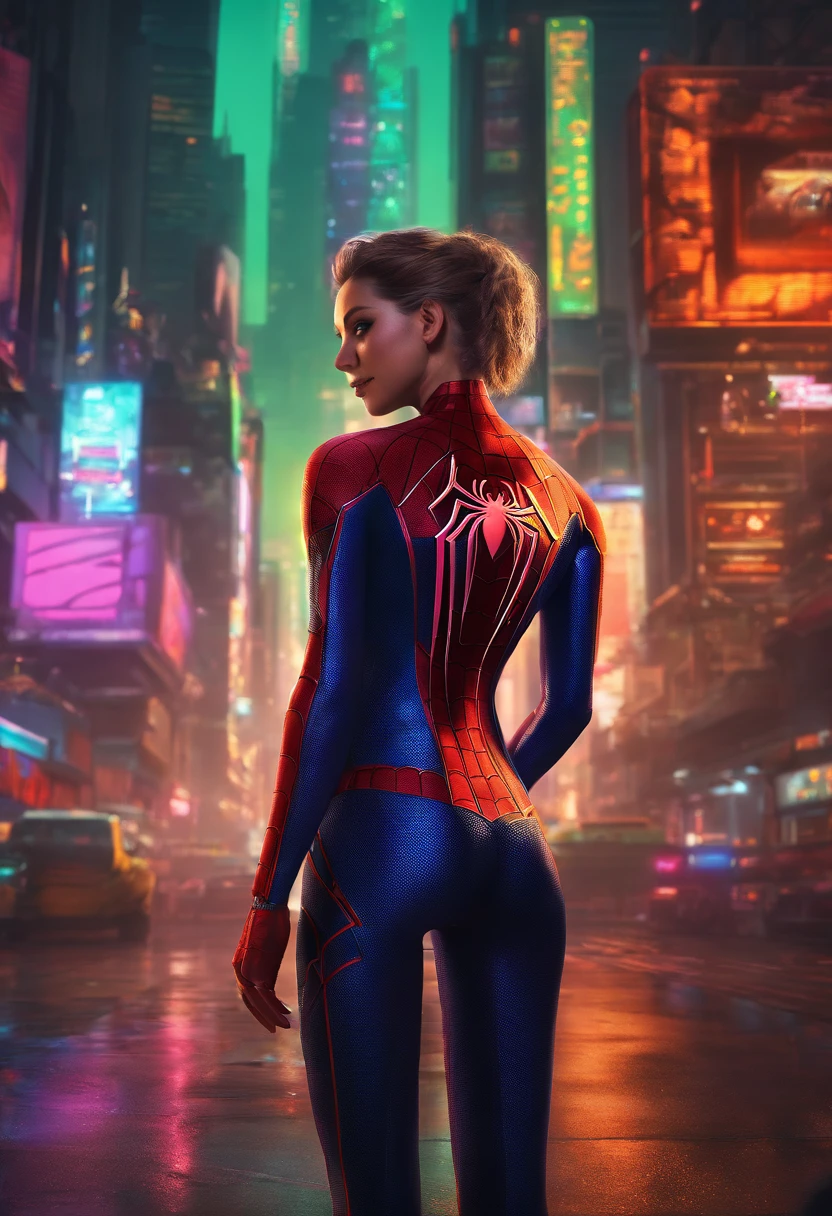 Full body photo of female Spiderman, atmospheric scene, (1girl, detailed beautiful face, big, breasts, big butt, detail skin texture, ultra-detailed body:1.1), rear view, masterpiece, best quality, UHD, masterpiece, super detail, high details, high quality, award winning, best quality, highres, 16k