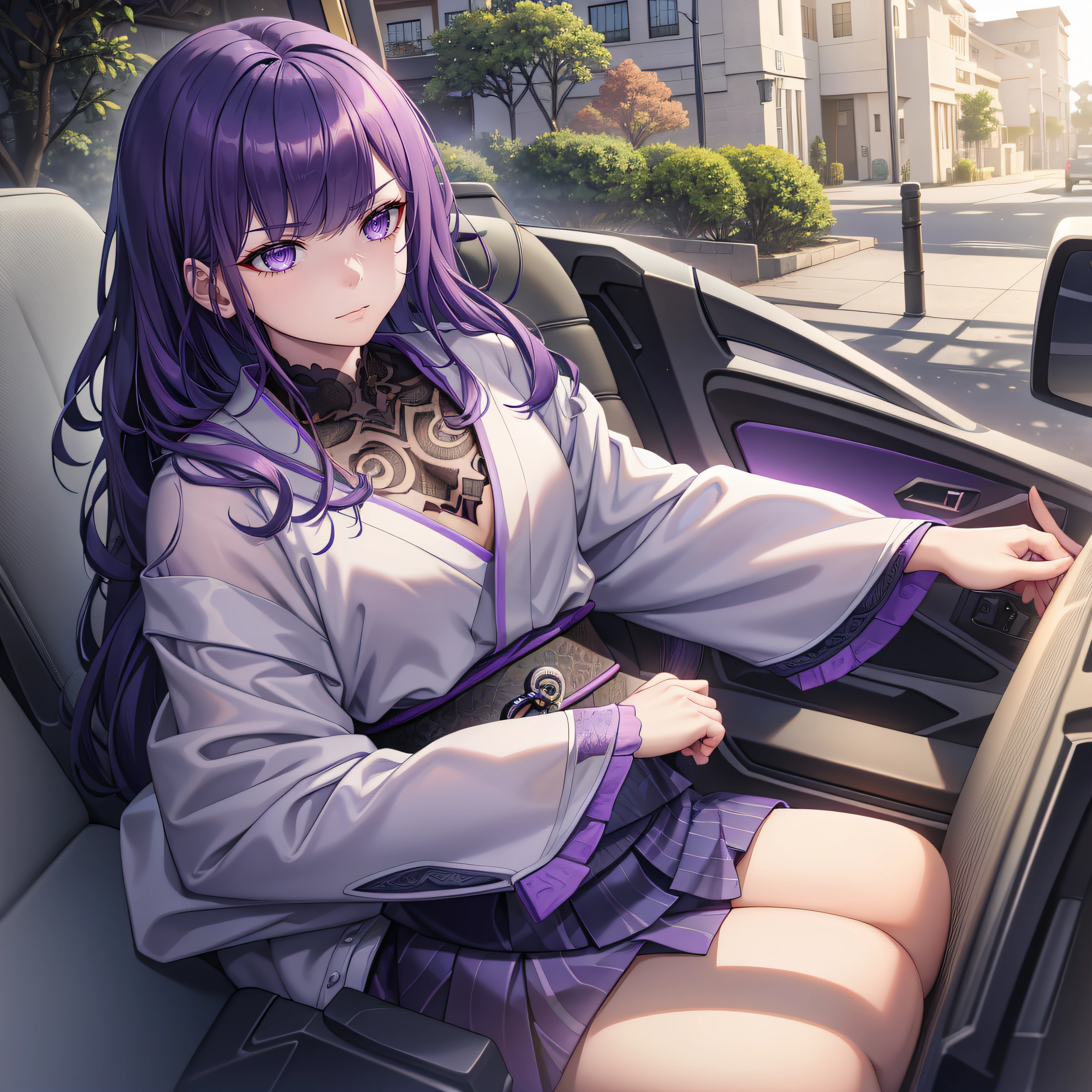 raiden_shogun_\(genshin_impact\),modern clothes,purple_hair, kimono, serious, ominous, dominating, indifferent, volumetric lighting, best quality, masterpiece, intricate, volumetric lighting, cinematic, 8k, cinematic lighting, masterpiece, perfect, intricate details, tonemapping, realistic, sitting in pink supra mk4 on front seat