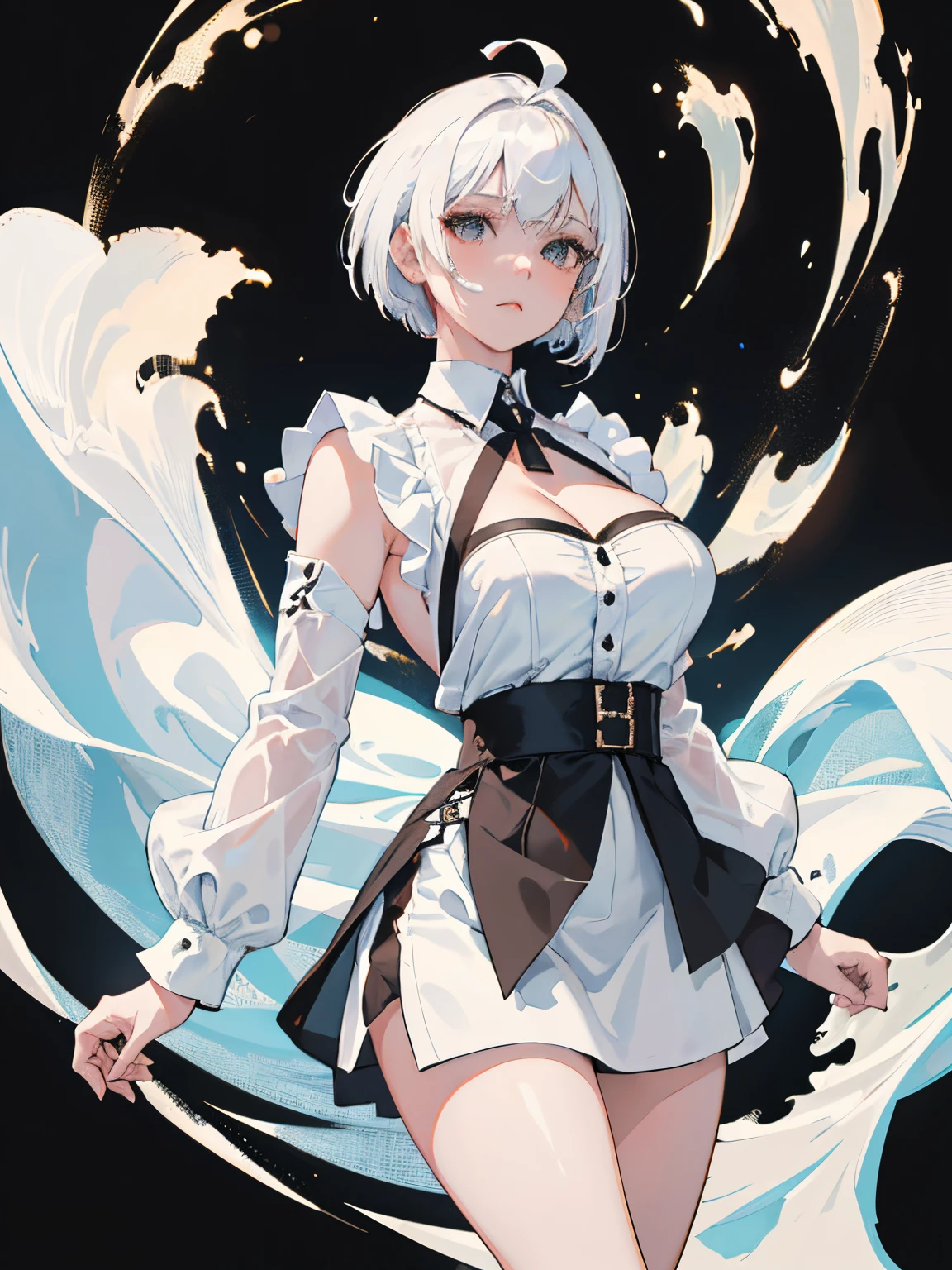 ((masterpiece, best quality)), (1girl), (solo), (female focus), (ahoge, white hair, short hair), black eyes, ((white shirt), (cleavage shirt)), ((black skirt), (short skirt)), standing, white background, arms behind back, round boobs