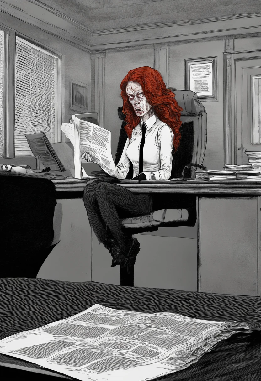 Red haired woman in a lawyer office, buisness suit