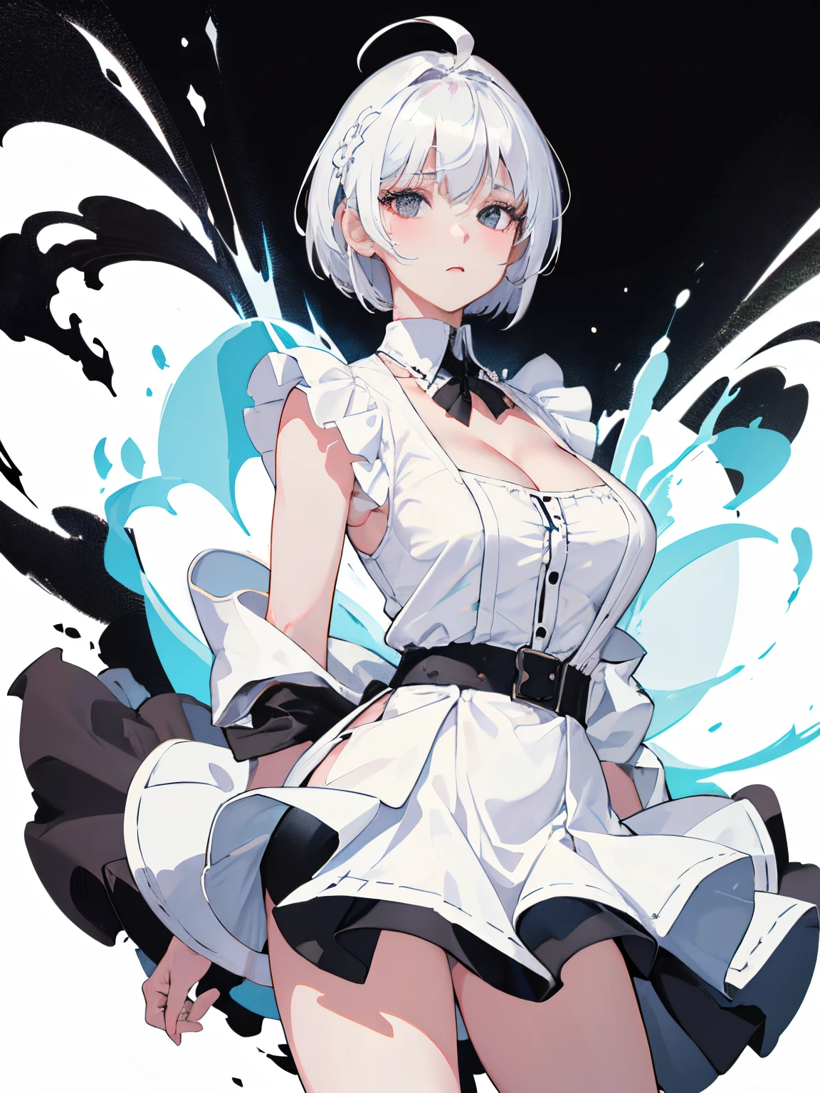young girl, short gray hair, cat ears, high ponytail, violet eyes, Black leather tight top, white puffy sleeves, black skirt, pantyhouse, turquoise cloak, open breasts, Masterpiece, hiquality