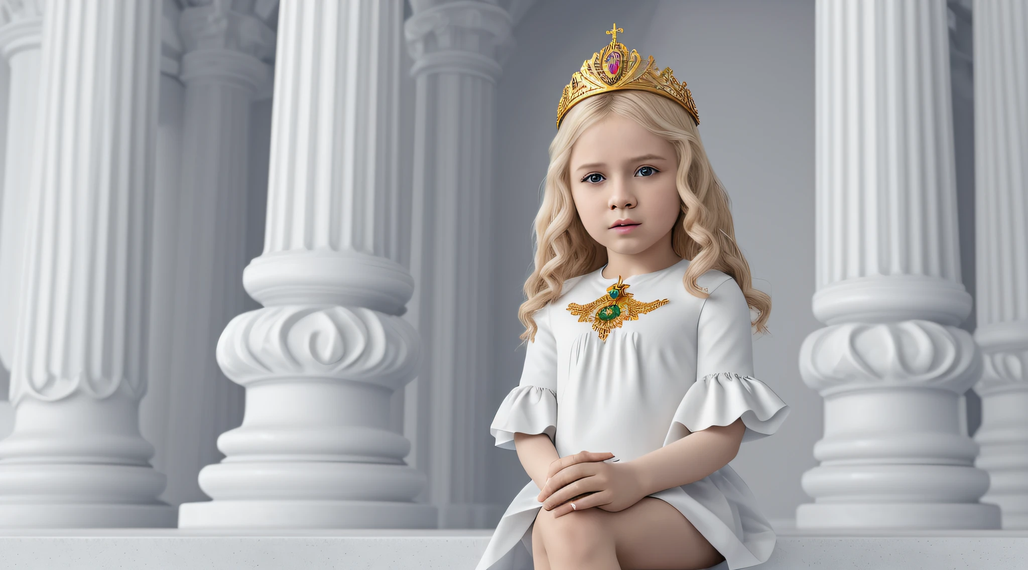 imagem de uma Russian blonde child girl , sentados em um trono, arte chave, promocional ainda, Arte da sede, the temple of truth is white, vestindo terno branco futurista, arte promocional, hq 4k papel de parede, um humano todo branco, imagem promocional do filme, 2 0 1 5, 2015, filme promocional ainda, Trindade, retrato vfx altamente detalhado de