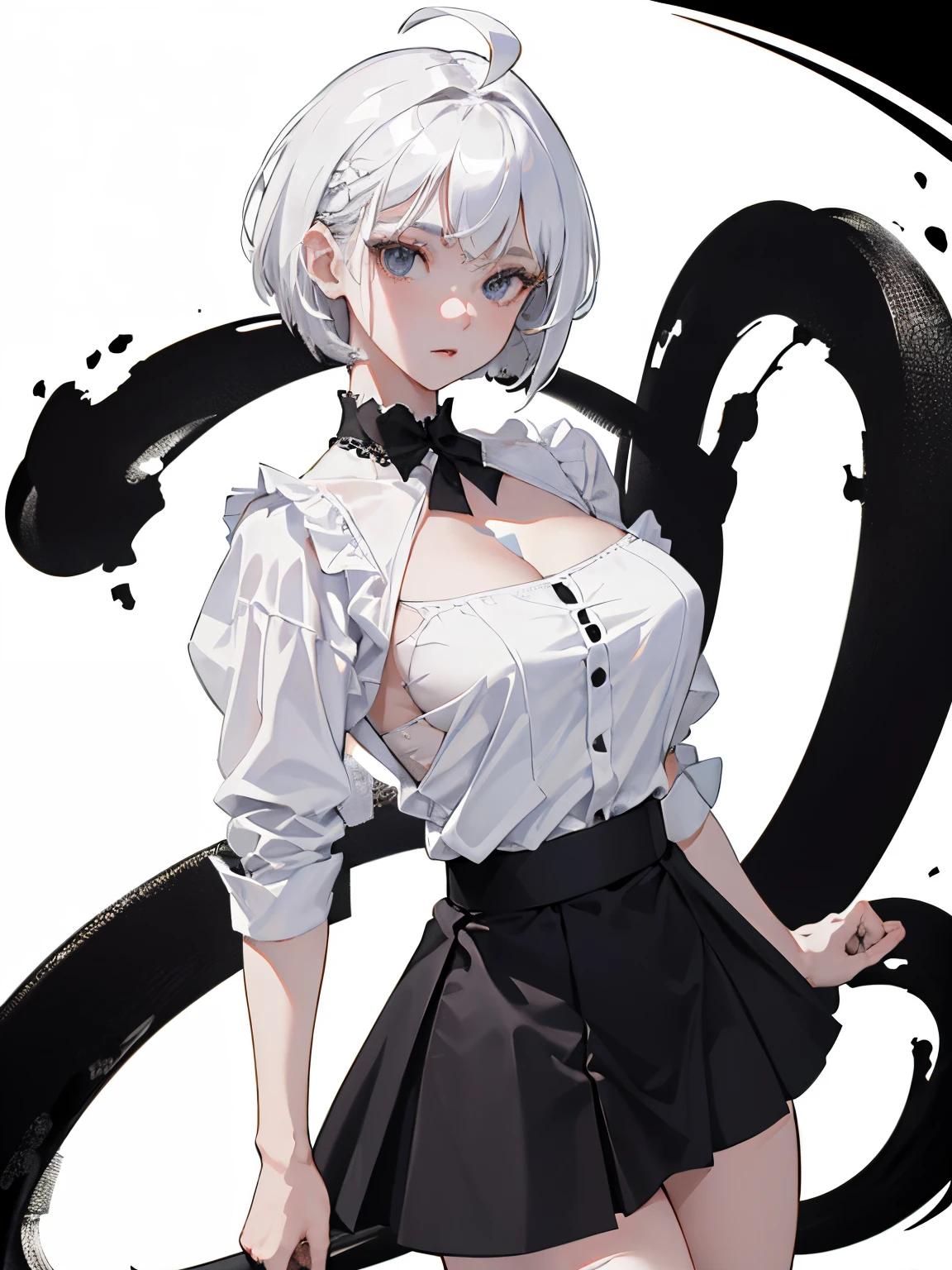 ((masterpiece, best quality)), (1girl), (solo), (female focus), (ahoge, white hair, short hair), black eyes, ((white shirt), (cleavage shirt)), ((black skirt), (short skirt)), standing, white background, arms behind back, round boobs