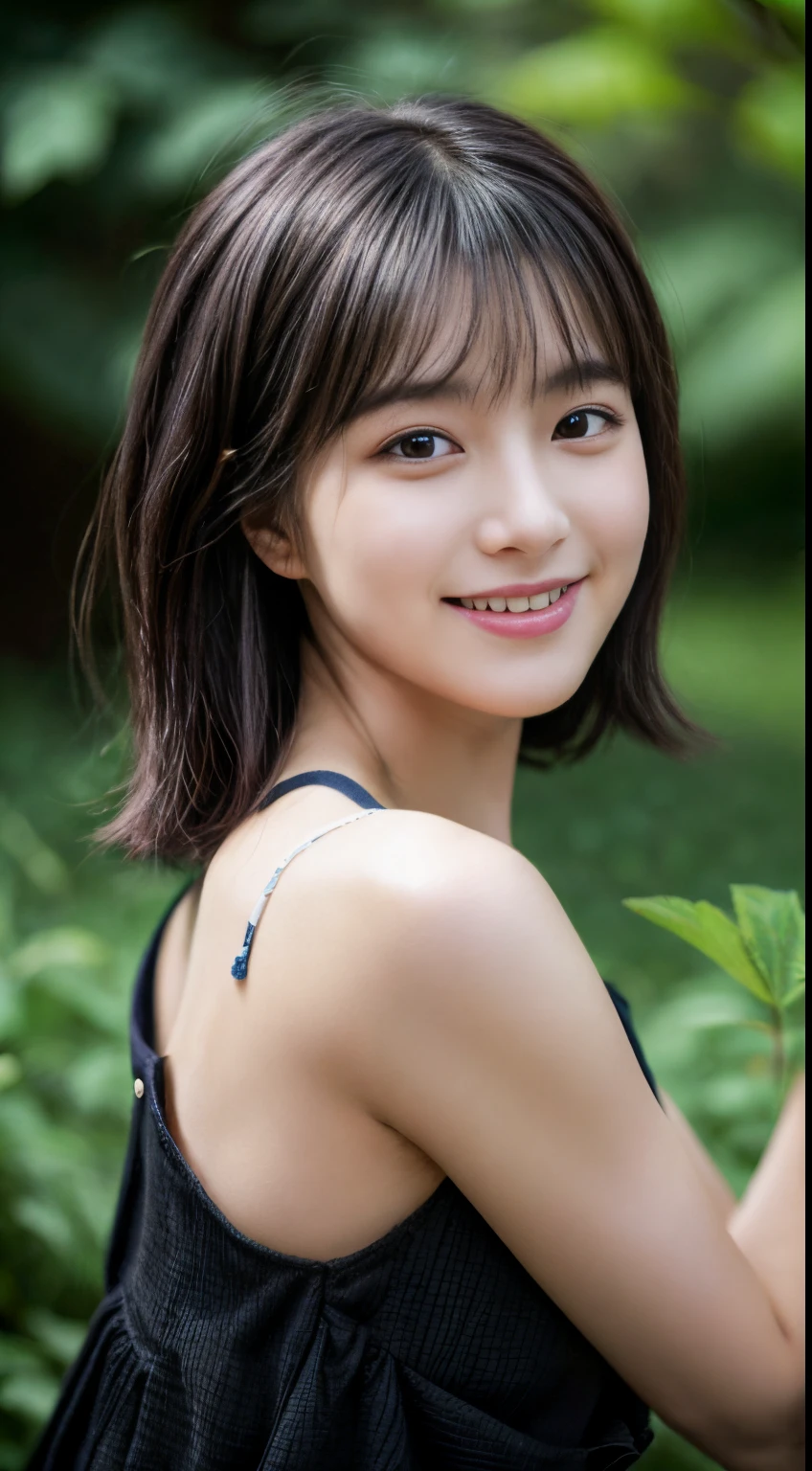 Photorealistic, Ultra-detailed, (Best Quality, 8K, 32K, masterpiece, UHD:1.2), Photo of 18yo pretty Japanese model walking the runway of a fashion show,  (pale blue camisole mini dress), bare shoulders, delicate figure, slender body, flat chest, narrow waist, blurry background, blurry, short hair, stage, runway, backlighting, stage lights, rays, evil smile, armpits, from below,