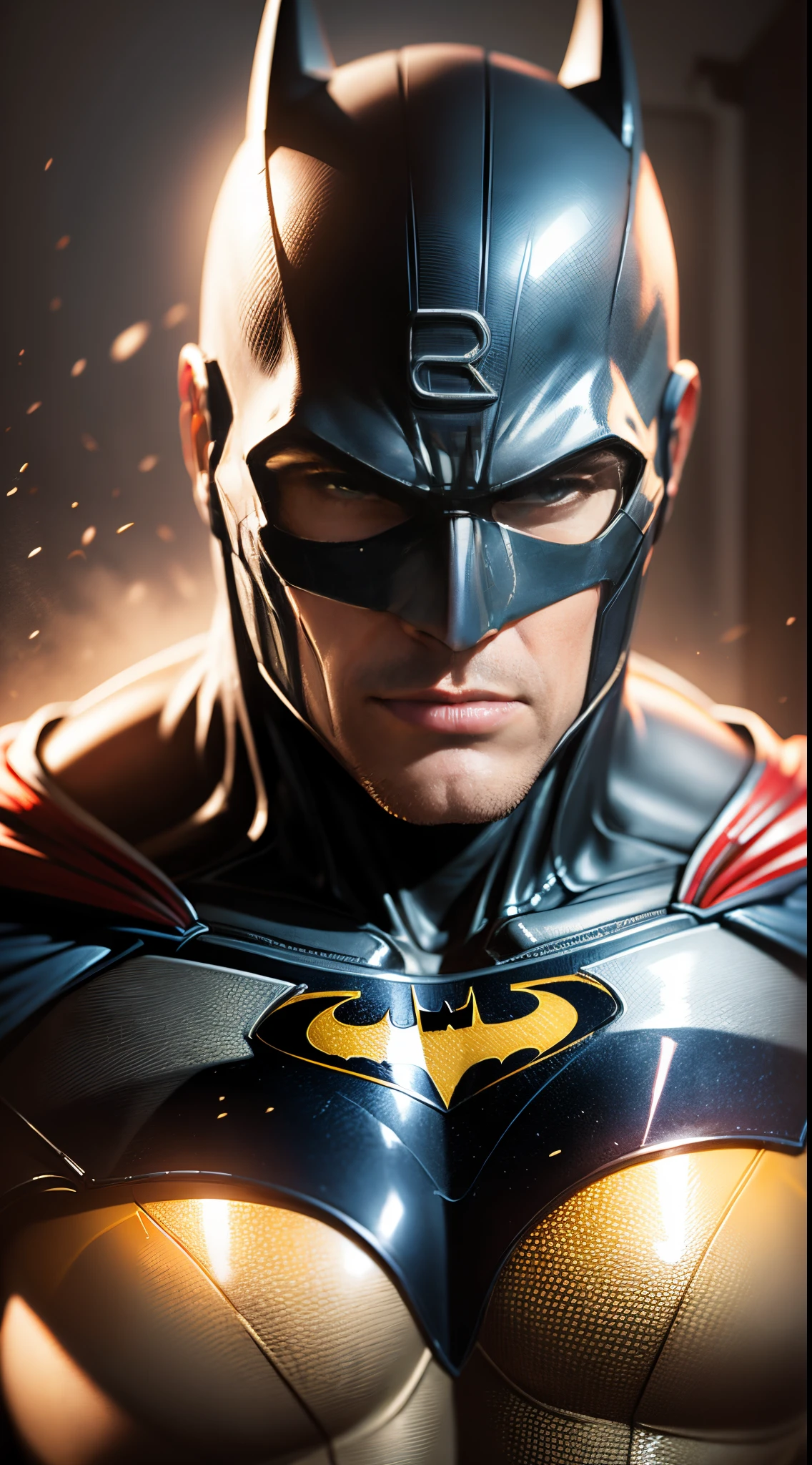 batman in a superman suit colors, realistic, cinematic, photorealistic, 12K, lights, shadows, derailed, 2:3 --auto --s2