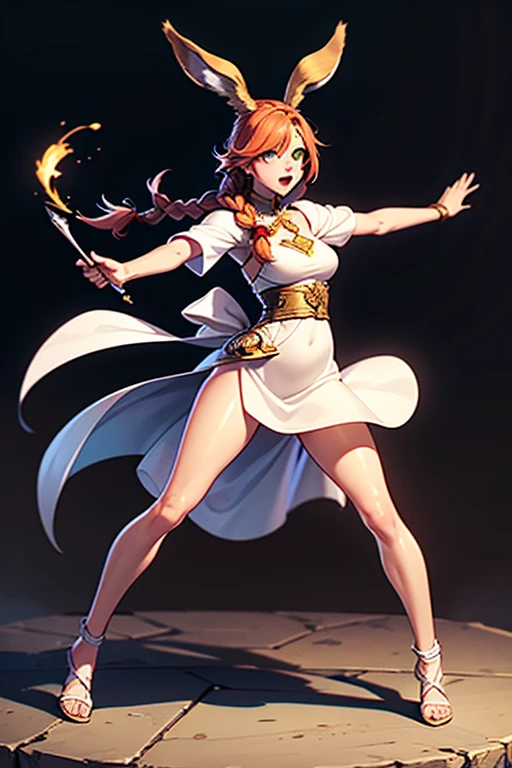 1girl, Viera Final Fantasy 14 in a fight, Casting spells, White Mage job, White mage dress , Ginger Hair, Green eyes, Braided Hair, Pale , No Ears; Dynamics pose, Full body view,