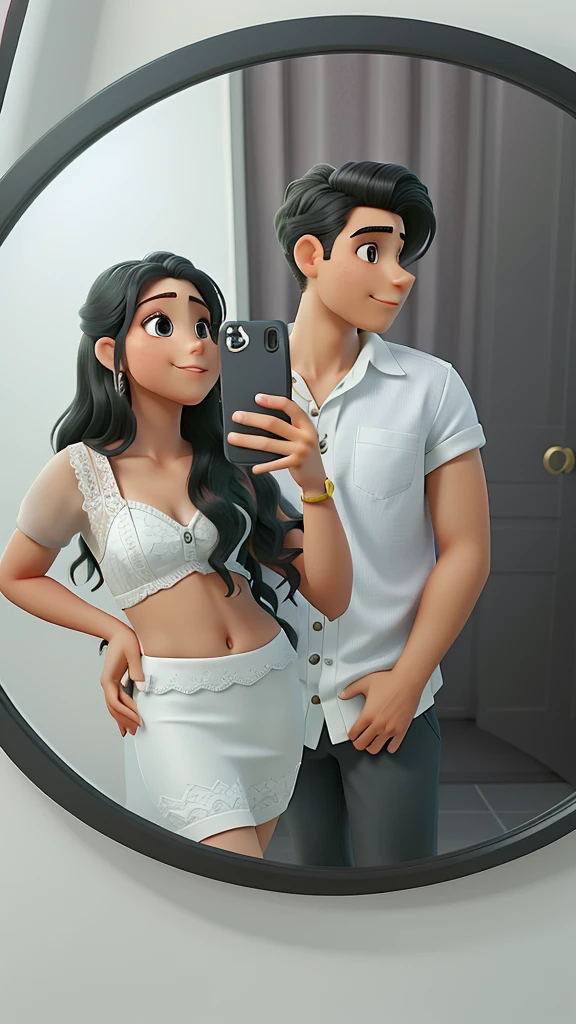there is a young man with shaved hair on the side and a girl with long black wavy hair taking a selfie in the mirror, imagem de perfil, foto da roupa, foto do perfil, pose de casal, white skirt and barechest, posing together in bra, taken in the early 2020s, namorada bonita tudo no estilo Disney Pixar.