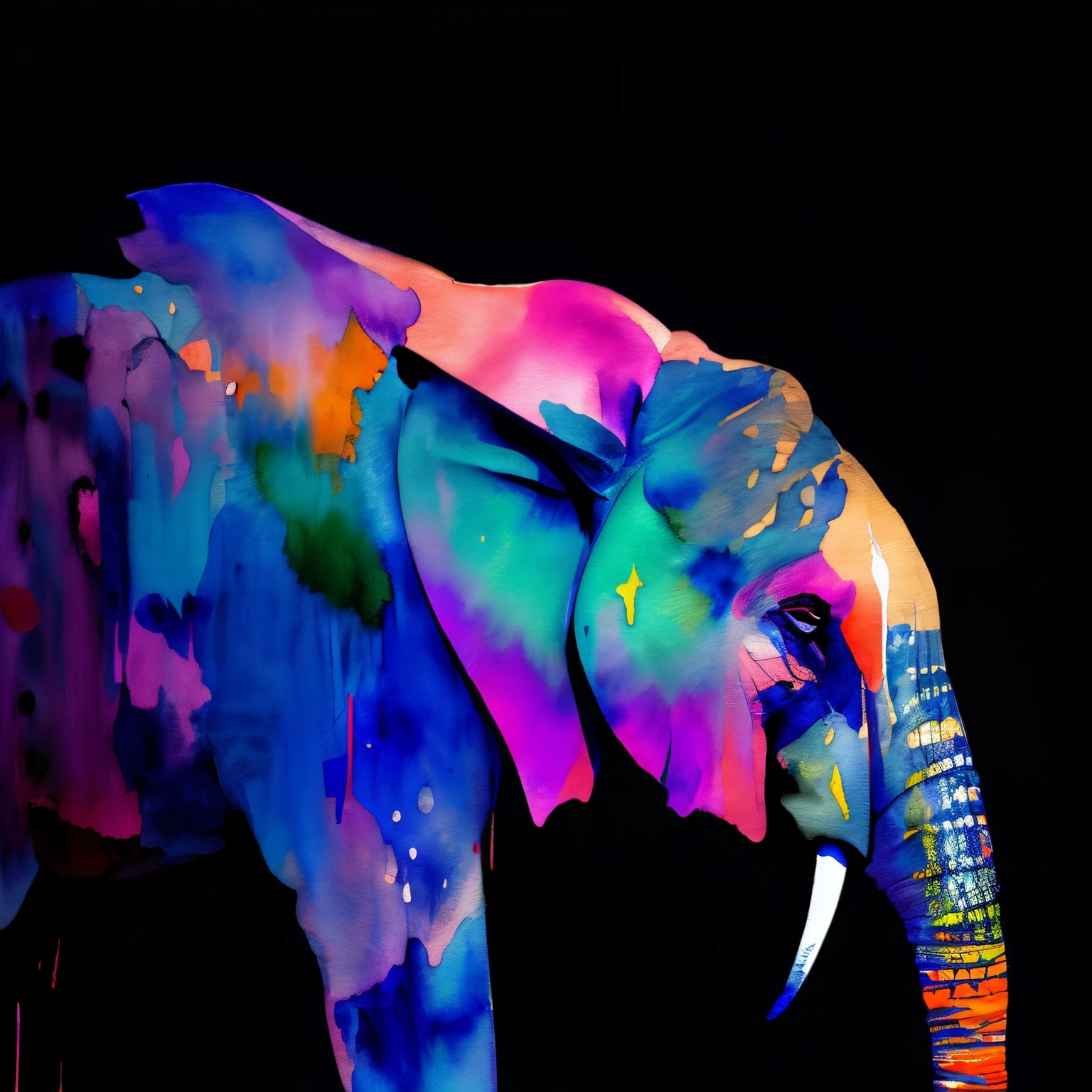 wtrcolor style, Digital art of an elephant face, spectacular, colourful,
 official art, masterpiece, Beautiful, ((watercolor)), paint splatter, intricate details. Highly detailed, detailed, [dripping:0.5], Trending on artstation, by Rachel Walker, looking like a real painting, centered, frontal, animal, vibrant colours, detailed eyes, paint dripping, black canvas, centered, brush strokes, looking straight in the camera, extra paint splatters, facing the front, a lot of paint dripping, paint in the background
