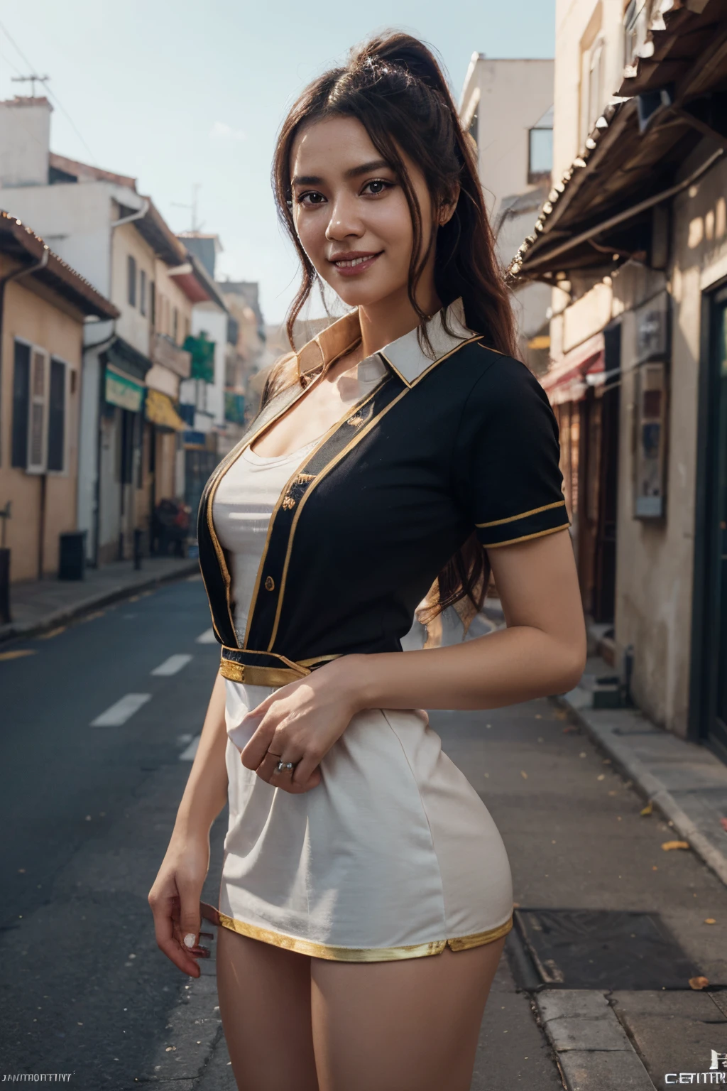 mulher arafe em um vestido mamae noel com um cinto de ouro e um colar, 3 d render arte do caractere 8 k, Trend in CGTacing:, Chengwei Pan em ArtStation, inspirado em Lan Ying, 8K Artgerm Bokeh, 8k arte detalhada de alta qualidade, deviantart artstation cgscosiety, CGSetividade 8K, CGSetividade 8K , A day of blue skies , muito sorridente, mostrando o dedo indicador como numero 1, sorrindo