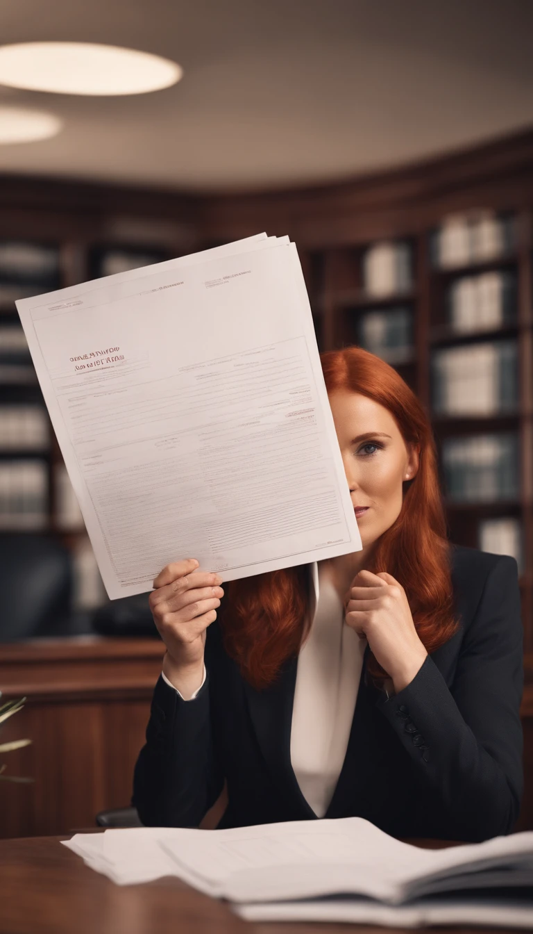 Red haired woman in a lawyer office, buisness suit, handing files to a blomde hair lawyer