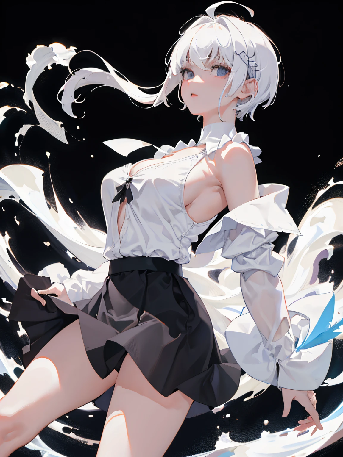((masterpiece, best quality)), (1girl), (solo), (female focus), (ahoge, white hair, short hair), black eyes, ((white shirt), (cleavage shirt)), ((black skirt), (short skirt)), standing, white background, arms behind back, round boobs