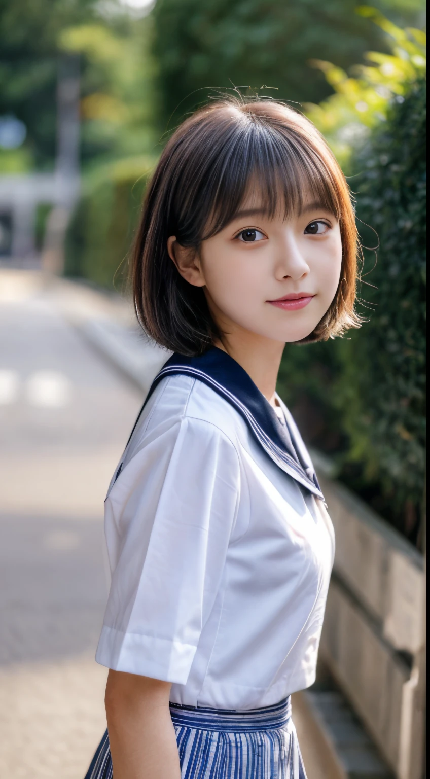 a beauty girl、a baby face、slender、A dark-haired、a short bob、Korean style bangs、School Girl、light-colored lips、School Idol、A big smile、thin lipss、Fluffy dress、Colossal tits