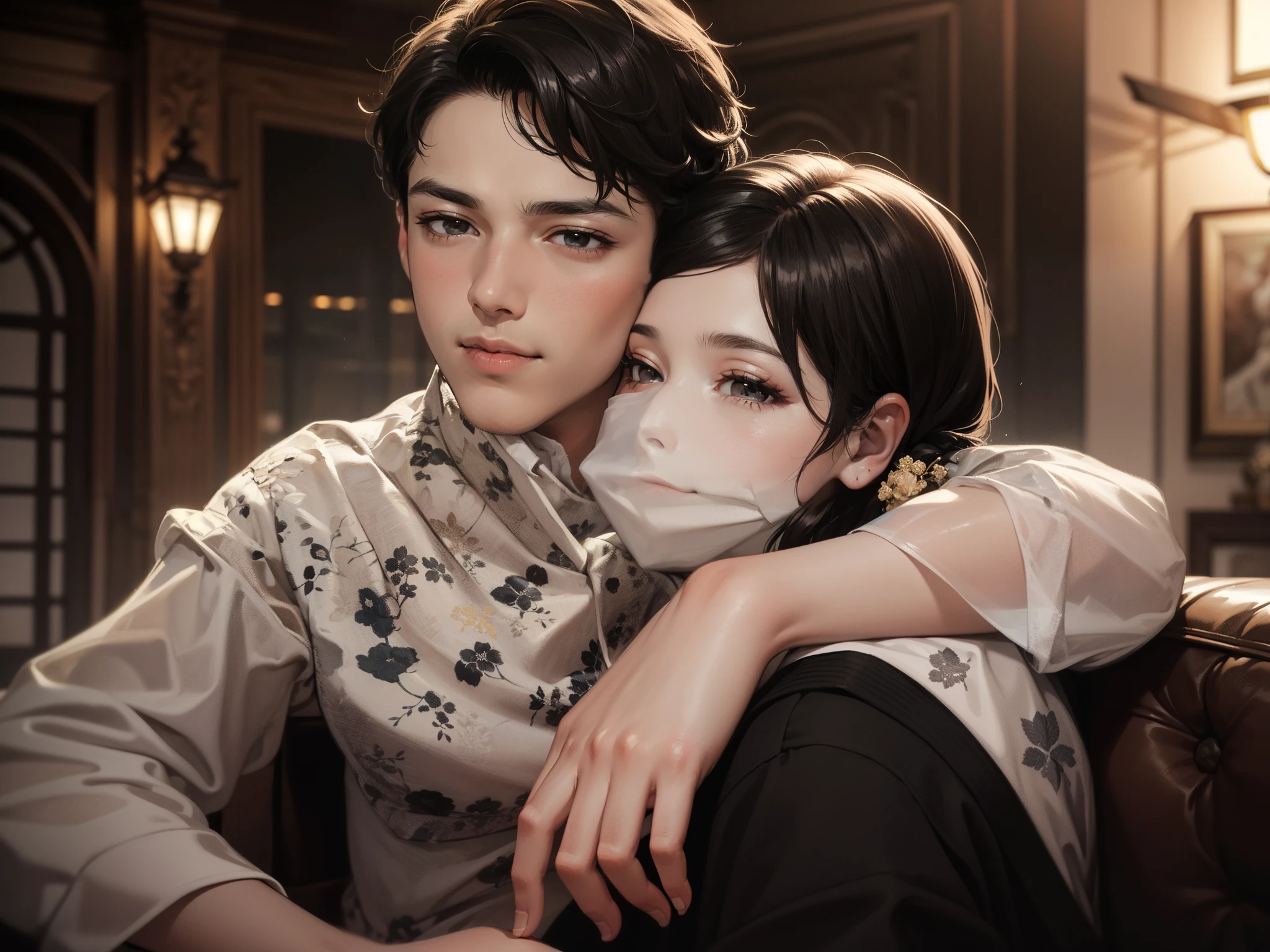 Urban romance novel cover: young couple, boy with short black hair and black eyes, fair skin, delicate facial features, white shirt, black suit, black narrow tie. Girls with brown shawls, long hair and brown eyes, fair skin, delicate facial features, gorgeous dress. Background luxury, atmosphere, foam. Happiness and happiness.