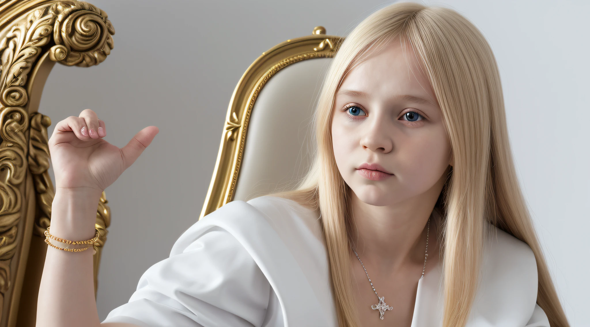 imagem de uma Russian blonde child girl , sentados em um trono, arte chave, promocional ainda, Arte da sede, the temple of truth is white, vestindo terno branco futurista, arte promocional, hq 4k papel de parede, um humano todo branco, imagem promocional do filme, 2 0 1 5, 2015, filme promocional ainda, Trindade, retrato vfx altamente detalhado de