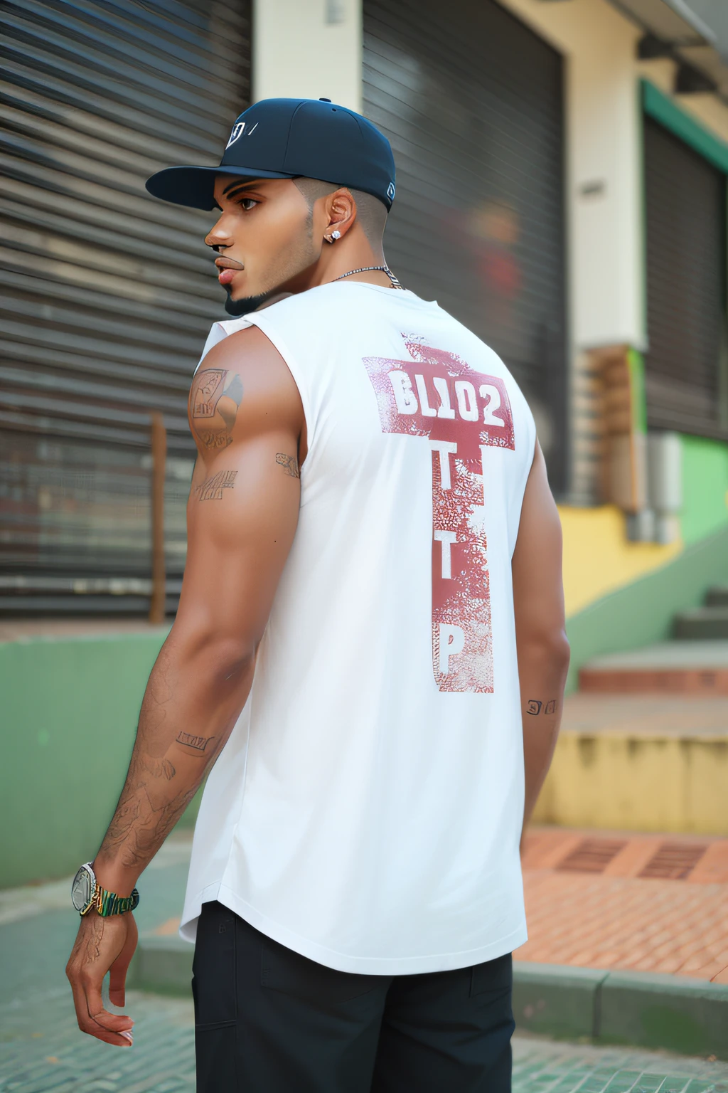 There's a man standing in the street , t-topo, vestindo uma camiseta muscular, Usando tatuagens shipibo, , vestido com roupa de rua antiga, preto branco vermelho, preto no branco, de costas viradas, tiro de costas, estilo hip hop, roupas pretas vermelhas brancas, Back view.
