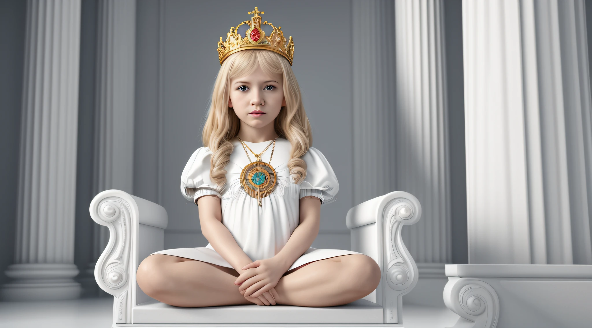 imagem de uma Russian blonde child girl , sentados em um trono, arte chave, promocional ainda, Arte da sede, the temple of truth is white, vestindo terno branco futurista, arte promocional, hq 4k papel de parede, um humano todo branco, imagem promocional do filme, 2 0 1 5, 2015, filme promocional ainda, Trindade, retrato vfx altamente detalhado de