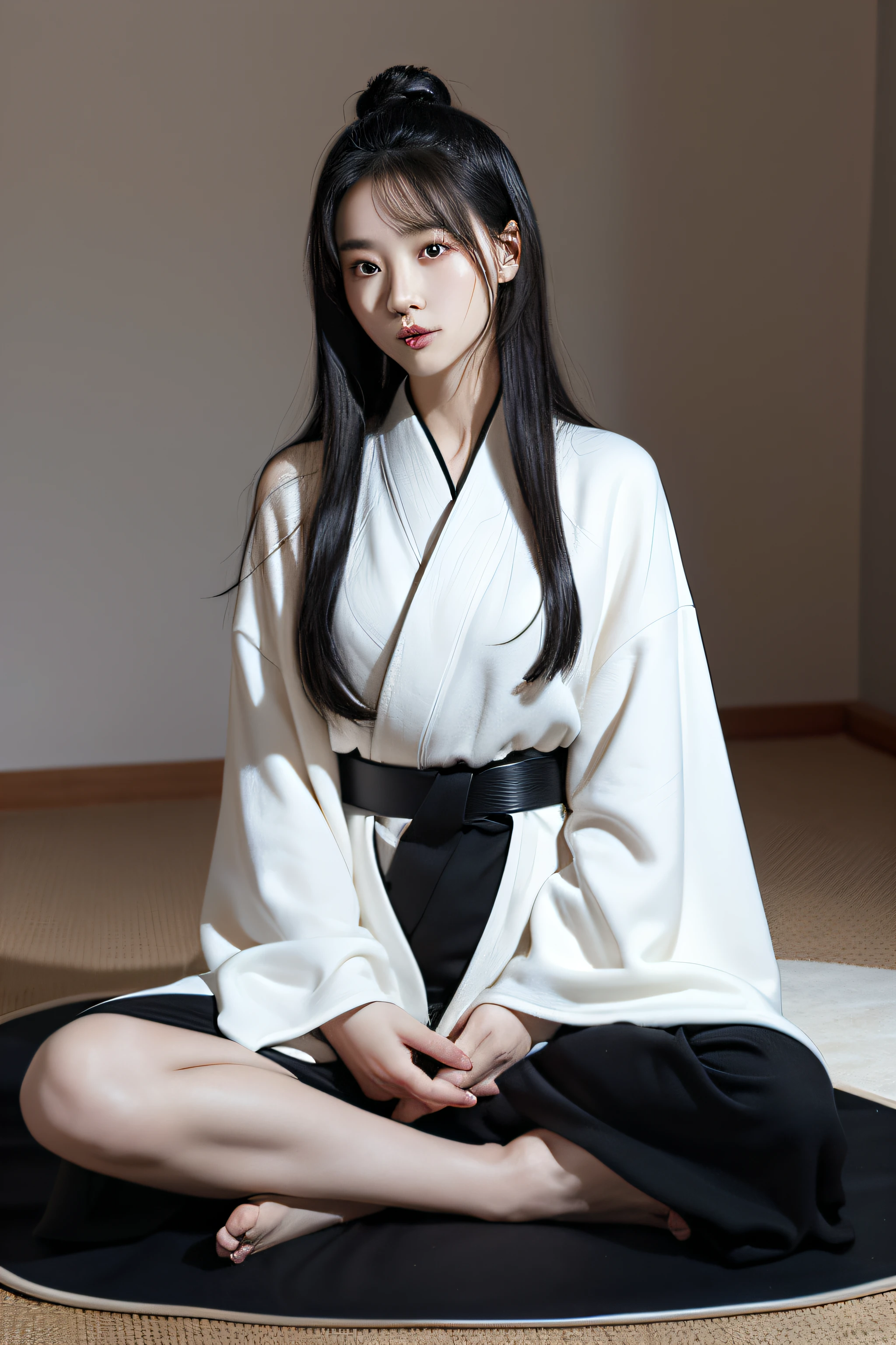 A man wearing a flowing black and white robe、30 year old Chinese woman in golden belt,Sit on a mat and meditate,had his hands folded,The robe covers the legs,The temperament is elegant,Sit upright,Blank background behind。