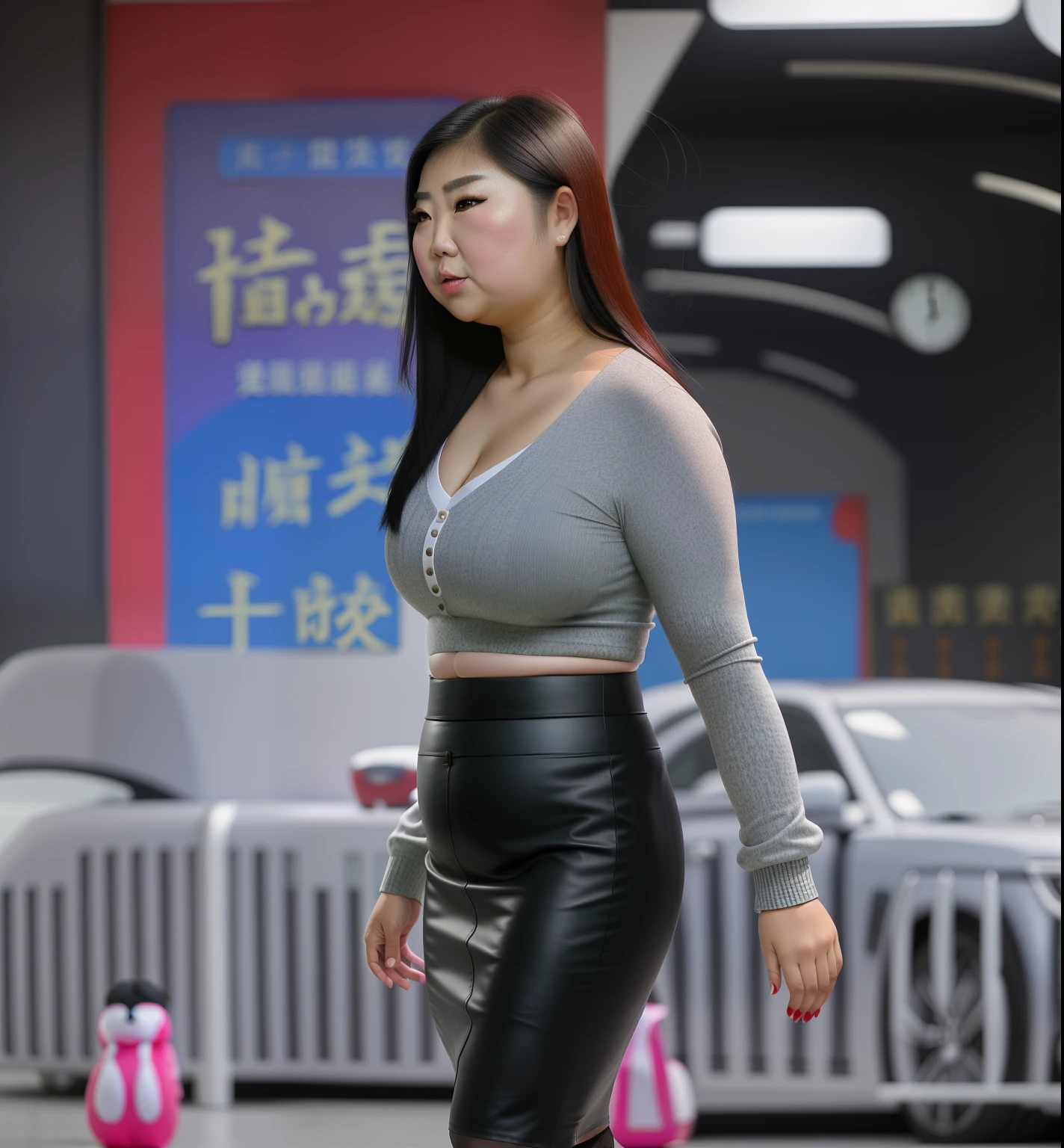Wear a tight leather skirt，Asia face，White skin of the，arrogant，disgusted expression，Impatient look，a little bit chubby，musculous，Bigchest，The chest is obvious，Fat on the stomach，Wear fishnet socks，with a round face，Fat woman，revealing her belly