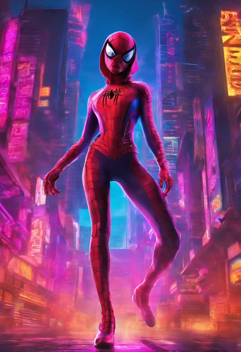 Full body photo of female Spiderman, atmospheric scene, (1girl, detailed beautiful face, big, breasts, big butt, detail skin texture, ultra-detailed body:1.1), rear view, masterpiece, best quality, UHD, masterpiece, super detail, high details, high quality, award winning, best quality, highres, 16k
