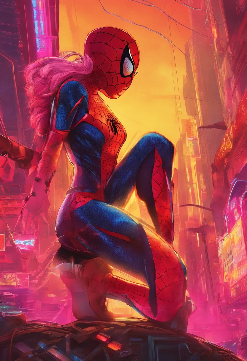 Full body photo of female Spiderman, atmospheric scene, (1girl, detailed beautiful face, big, breasts, big butt, detail skin texture, ultra-detailed body:1.1), rear view, masterpiece, best quality, UHD, masterpiece, super detail, high details, high quality, award winning, best quality, highres, 16k