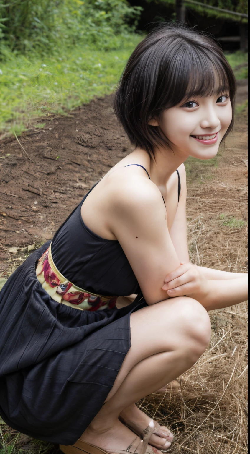 ​masterpiece、4K、top-quality、beautiful japanese female、detail portrayal、1 girl in、20yr old、(rompers:1.2)、A dark-haired、Slightly longer bob hair、naturey、depth of fields、(Angle from top:1.2)、ssmile