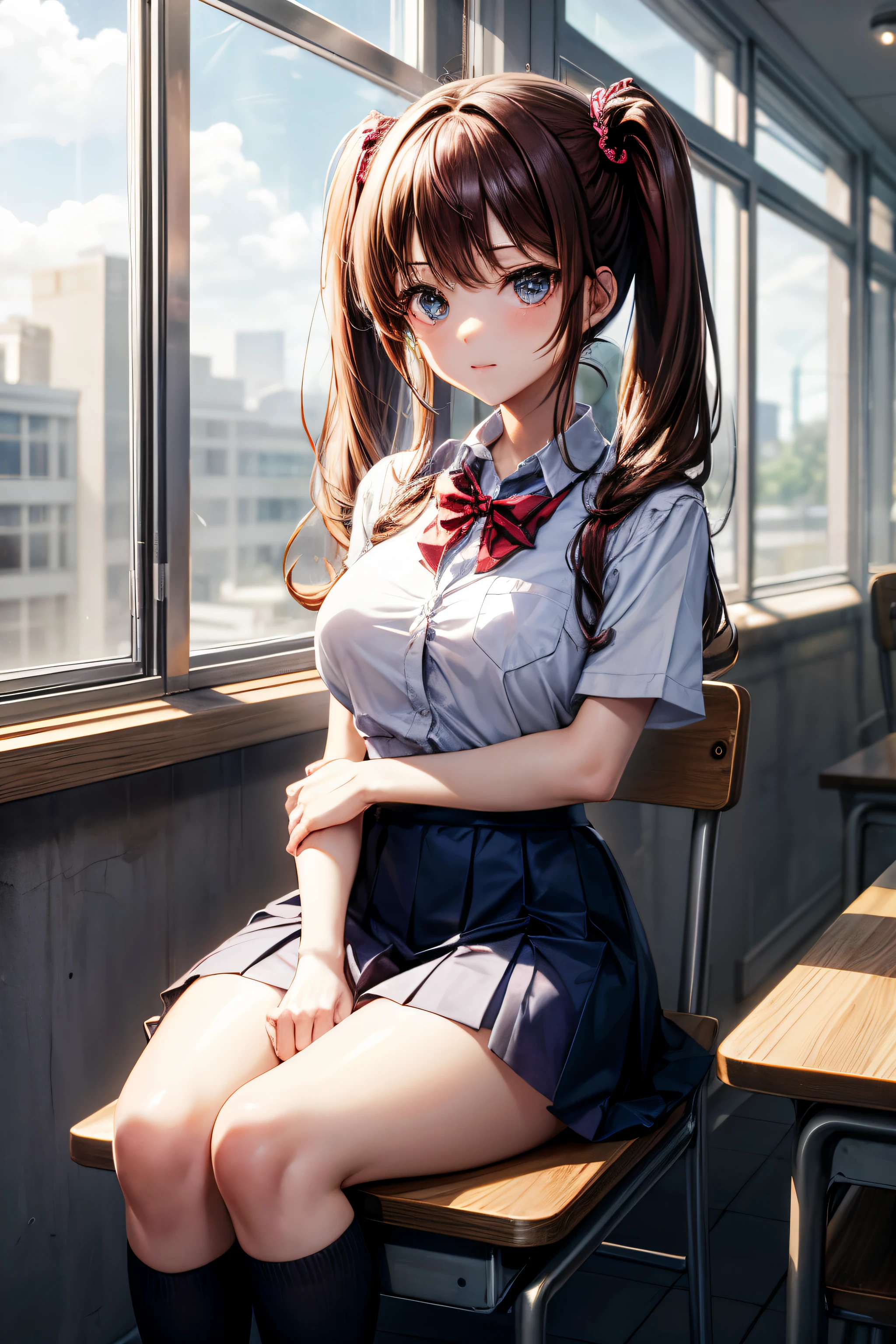 cute, anime girl, wearing school dress, hair style twintail, sitting on a chair, behind her is a horror broken school,