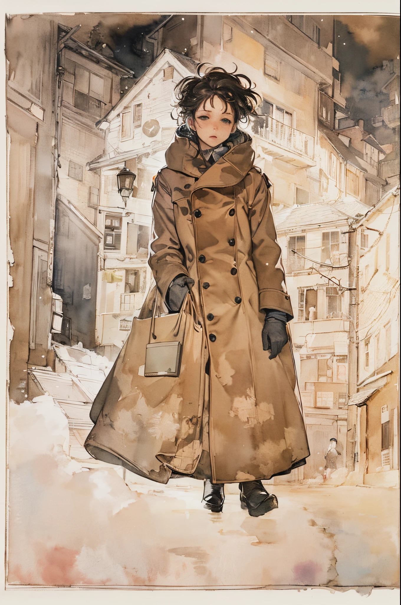 A painting of a woman in a trench coat standing in the snow - SeaArt AI