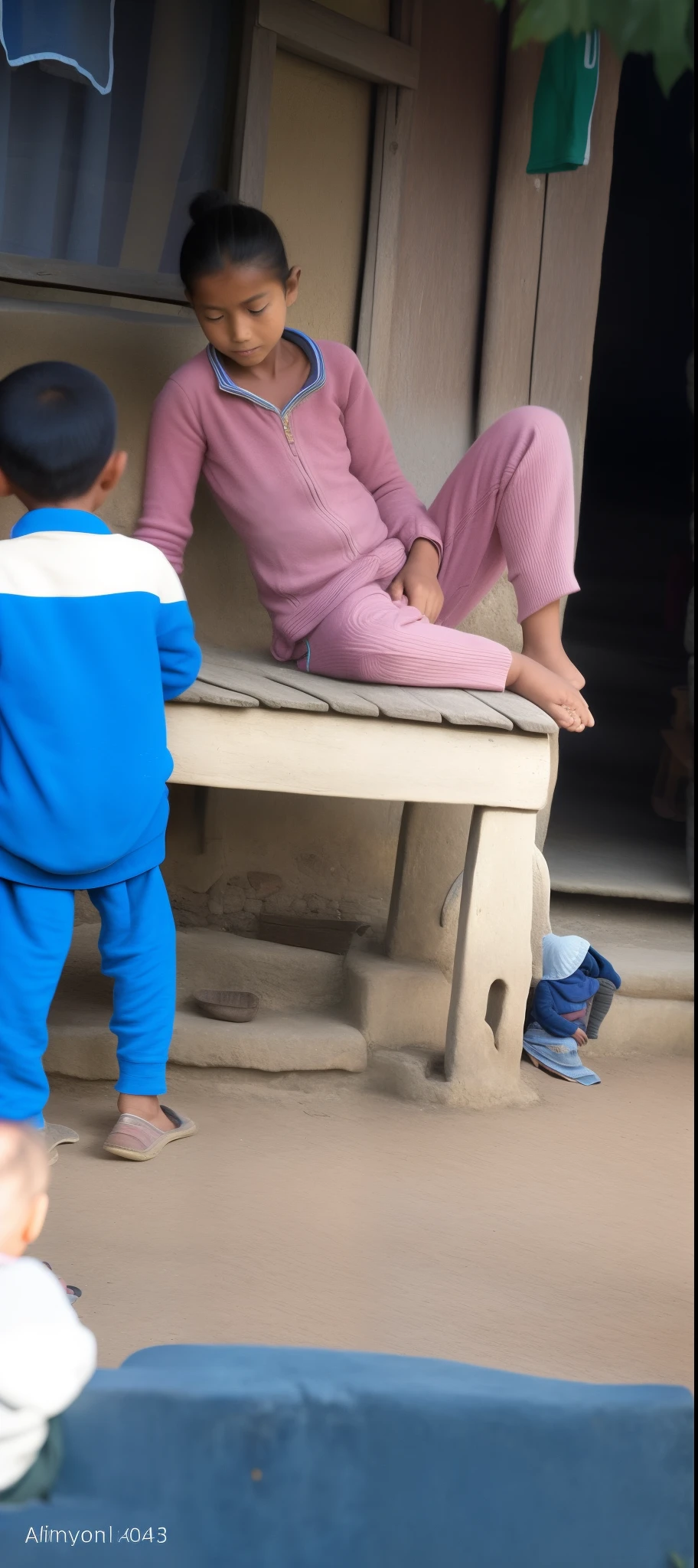 two 6-year-old children, with dirty clothes, with dirt on their faces and arms; portrait of two girls, delicate features with a sad look, inside a basement