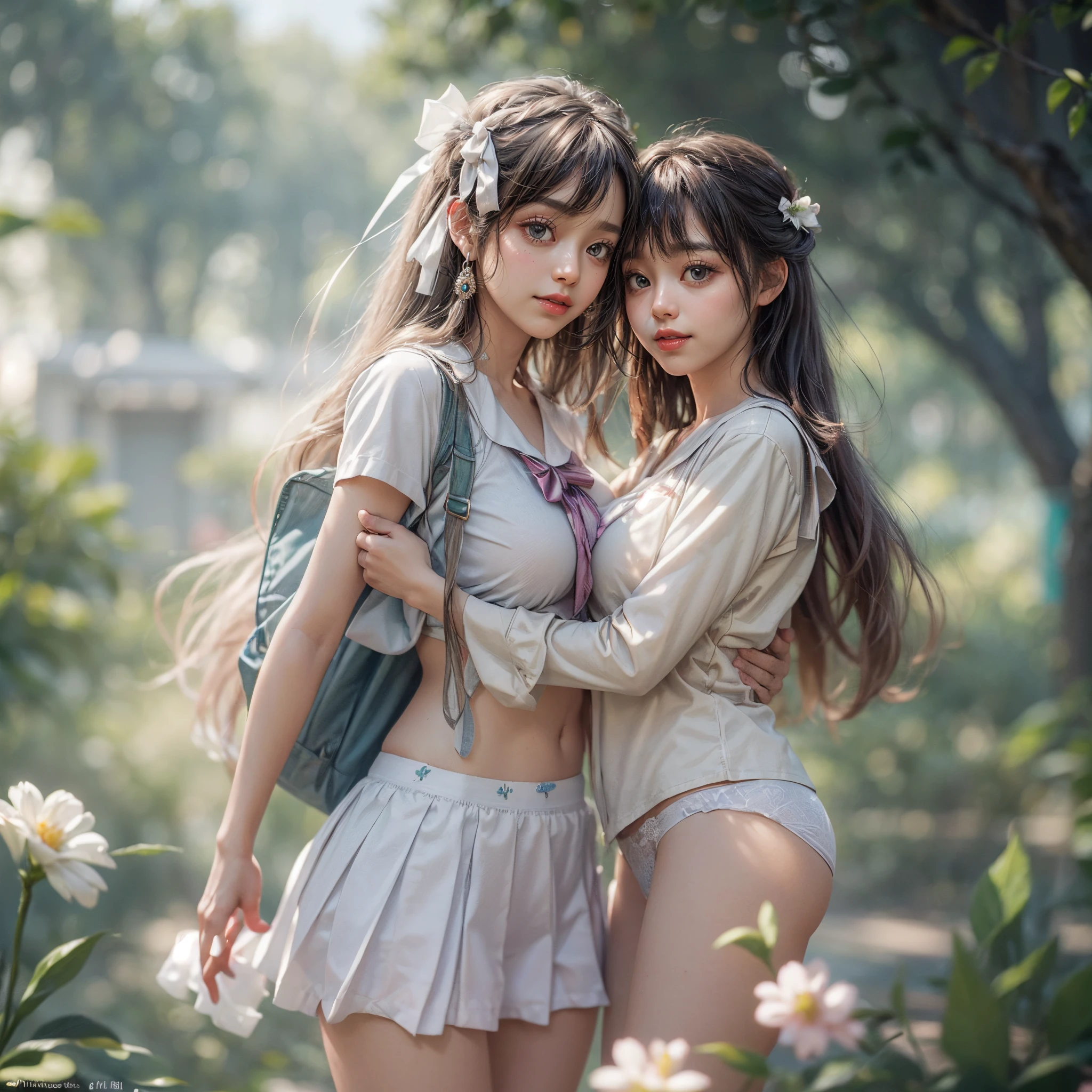 ((David Hamilton:1.37, White and vivid colors))、(Tiny Oppai-Loli Twins:1.37)、{(Dynamic-angle)|(from side)|(from back)|(from below:1.2)}、{(((Kissing face to face)))|(Standing Full Body:1.2)|Wide Shot}、{(Floating hair:1.2)|(Strong wind)|(Ass focus)}、8K best quality、((Masterpiece:1.2、Photo-realistic:1.4)), { kodachrome | realistic | photorealistic | RAW }、((Detailed KAWAII Face、Detailed glistening ivory skin))、Extremely Detailed、Smooth shading、{Zoom Layer|clear focused}、Soft Lighting with many Follow lights、{Childish|Gigantic Cleavage:1.37}、((school uniform with white tiny panties:1.37))、{Flowers|Flower wreath|ssmile|perplexed|seductiv|Different types of hair colors}、{(Light Particles:1.2)|(Lens Flare)|(Luminescent Particles:0.6)}、{Forest Lakeside|Lakeside Cottage|Before dawn|magic hour|morning glow|foggy}、{ Whole Body proportions and all limbs are anatomically accurate | ((no extra limbs)) } .