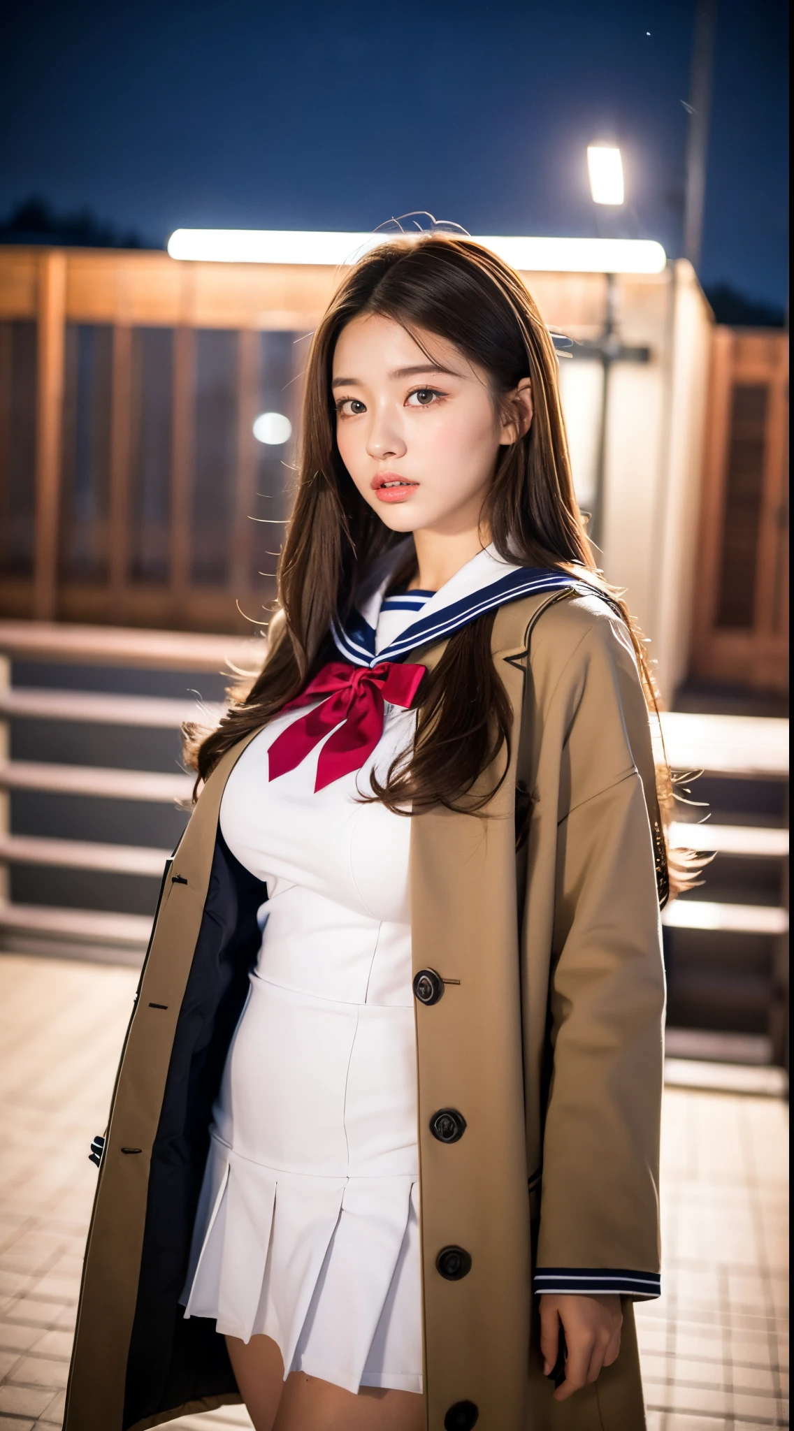 ((Night Scene, Realistic Light, Best Quality, 8k, Masterpiece: 1.3)), 1girl, Pretty Woman with Slender Body: 1.4, (Brown Hair,gigantic Breasts:1.4), Bed, Super Detailed Face, Detailed Eyes, Double Eyelids , asian woman posing for photo in pink skirt and white shirt, japanese girl school uniform, korean girl, japanese school uniform, loose coat collar sailor uniform, sakimichan, amazing student uniform, white fashionable clothes, ulzzang, wearing japanese school uniform , sleek white bodysuit set, cute kawaii girl, Korean women's fashion model