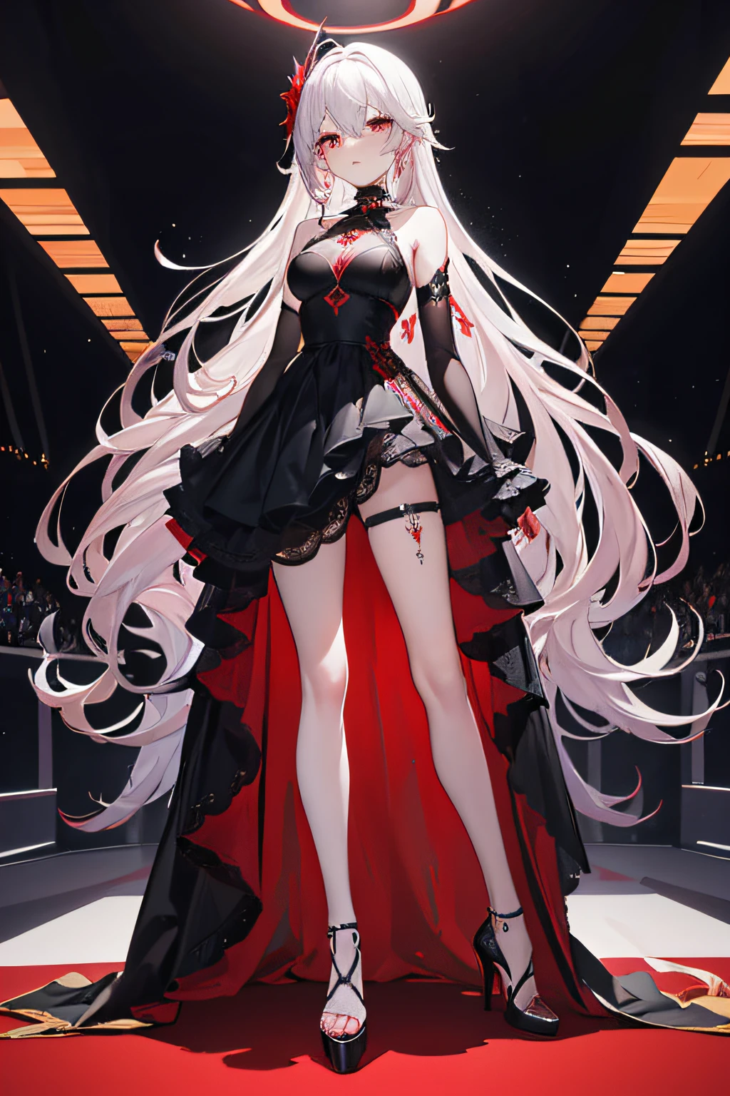 tmasterpiece, Best quality at best, 1个Giant Breast Girl, Alone, ((a matural female)), Round pupils, long whitr hair, the hair, Black dress, Balenciaga,Stylish,fanciful, Happy, looking at viewert,Catwalk walk,flash lights,red high heel pumps