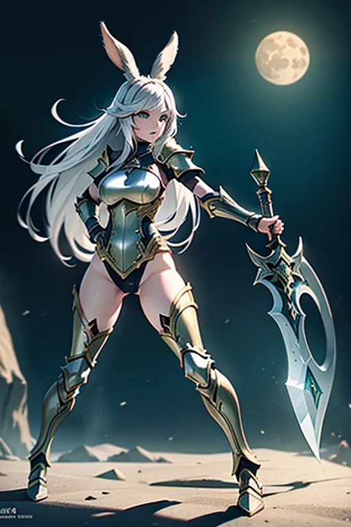 Female Viera Final Fantasy 14 in a fight, Warrior Class, Heavy Armor, Great Axe, ,Silver Hair, Green eyes, Long Hair, Curved Hair, Pale skin tone , No Ears; Dynamic pose, Full body view,