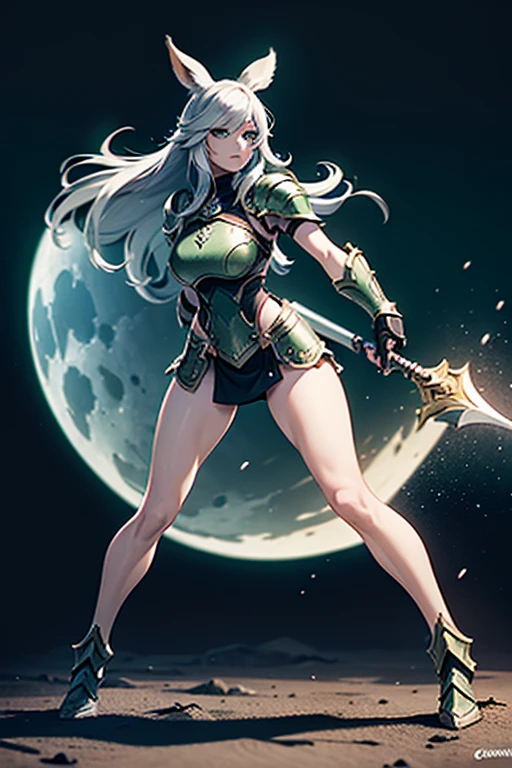 Female Viera Final Fantasy 14 in a fight, Full Body Knight Armor, Great Axe, ,Silver Hair, Green eyes, Long Hair, Curved Hair, Pale skin tone , No Ears; Dynamic pose, Full body view, on the moon