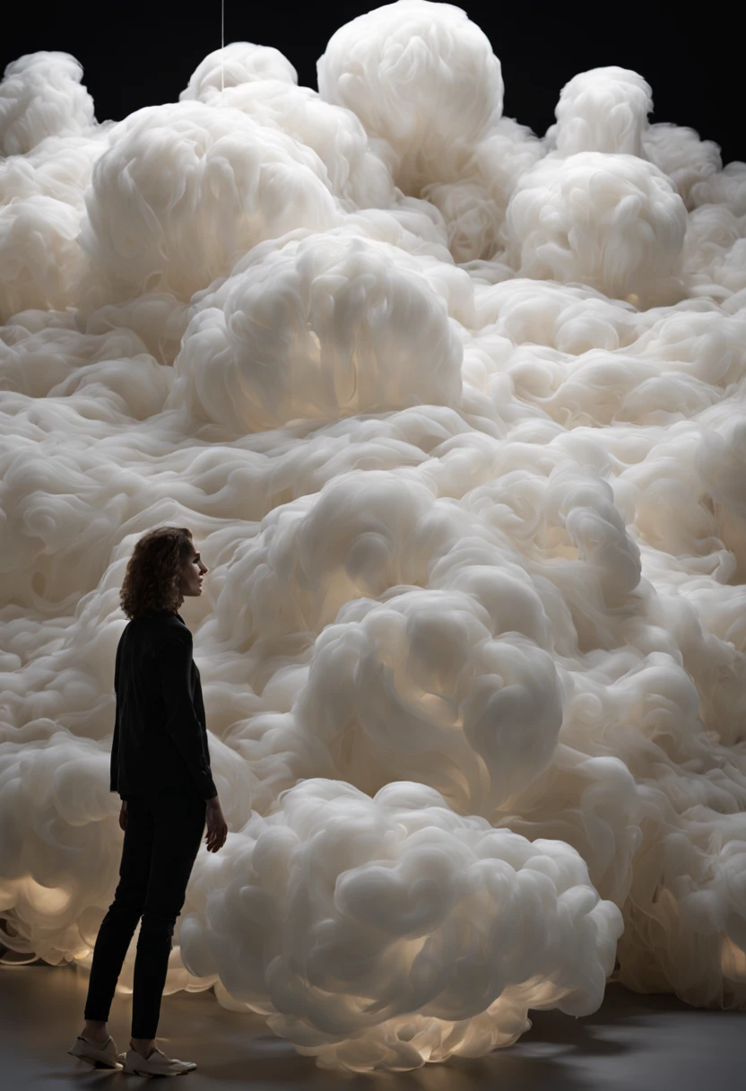 minimalist, close up, white slime,realistic human soul, stranger things, floating exterior bio organic installation, Neri Oxman material ecology, strange anomalies, other dimension, other universe, abstract, desert installation, hallucinations, textile, transparent cotton clouds,rain to dress, biology biomimicry, organic material biomimicry, human veins close up, silk clouds, cotton, silk, spatial interventions, glowing, blurry person, award winning perspective, raw snapshot, close up, looks used, rim lights, dirty lens, bio studies, clear details, texture high quality, full black background, full black museum installation,full black background, no window black background
